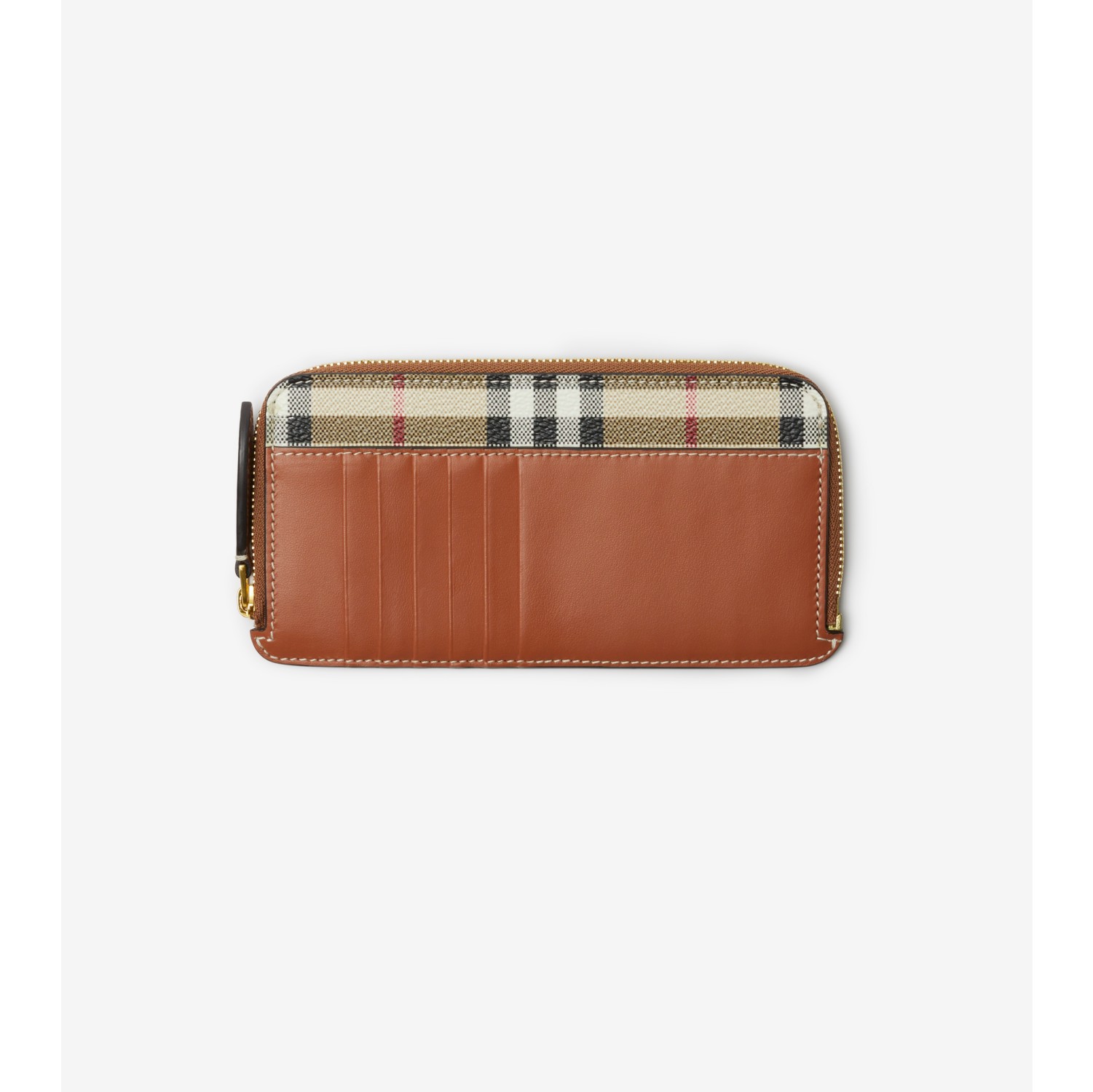 Check and Leather Zip Card Case in Archive Beige - Women