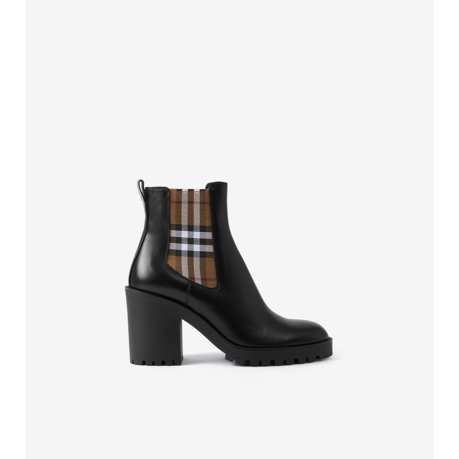 Check Panel Leather Ankle Boots in Black - Women | Burberry® Official