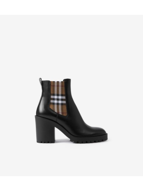 Shop Burberry Check Panel Leather Ankle Boots In Black