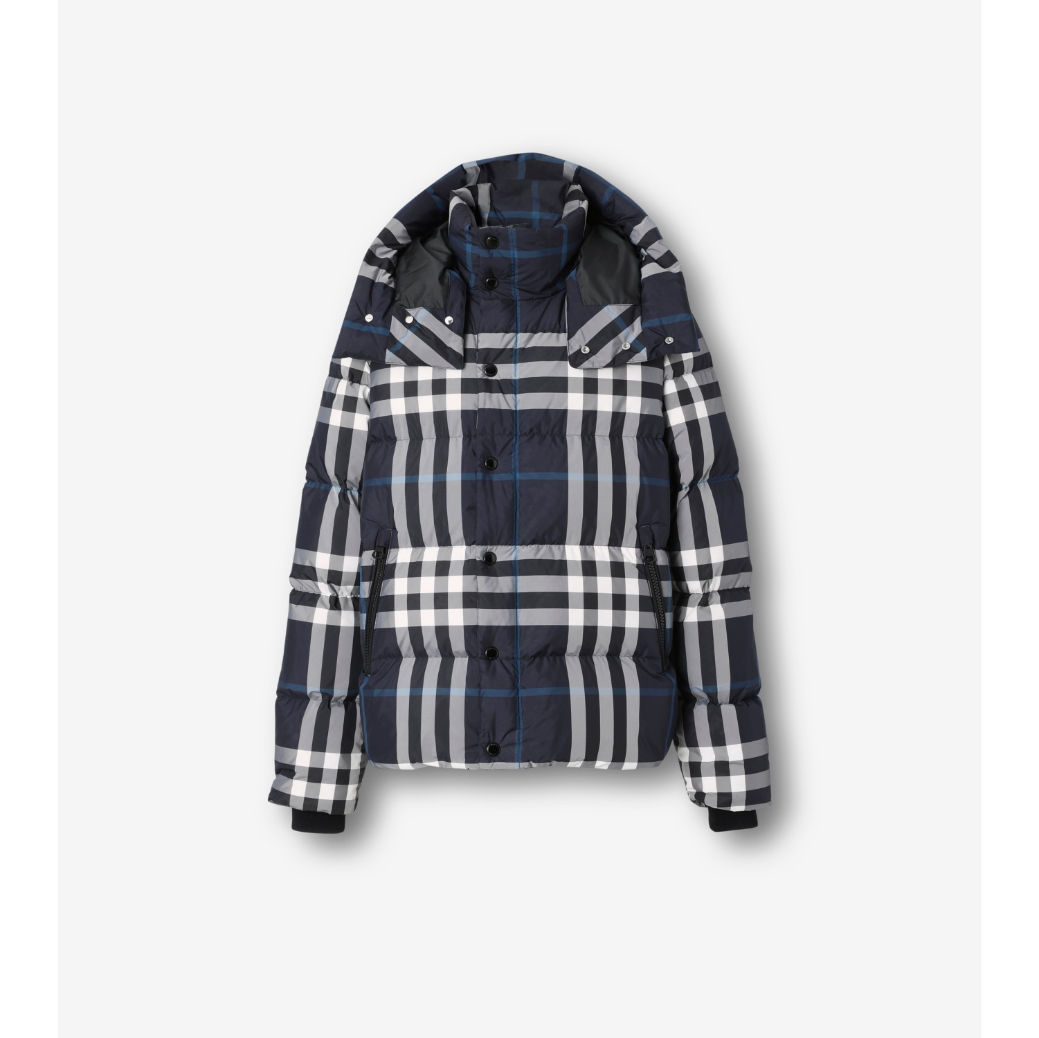 Check Hooded Puffer Jacket in White/dark Charcoal Blue - Burberry