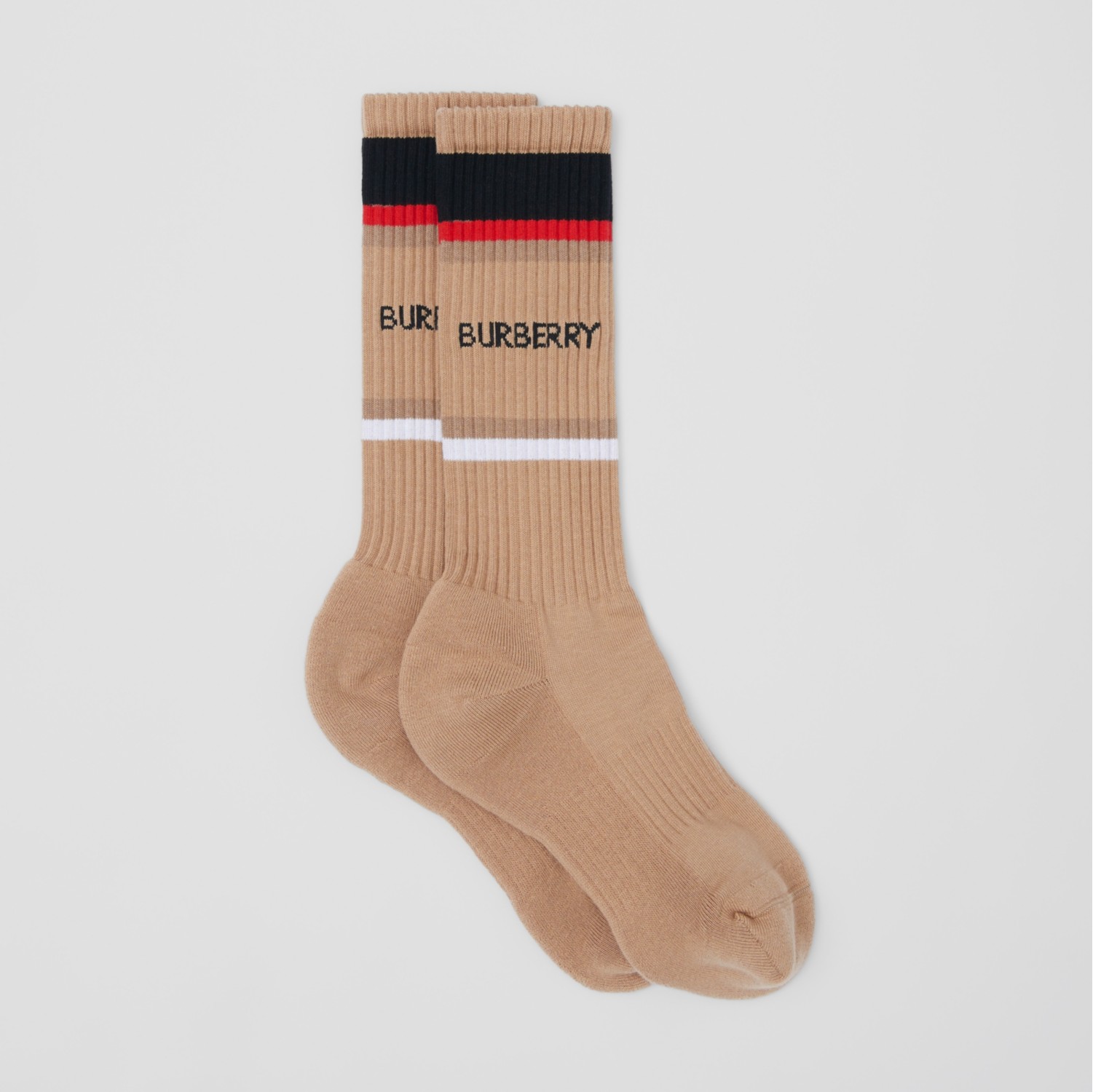 Logo Intarsia Technical Cotton Socks in Camel Burberry Official