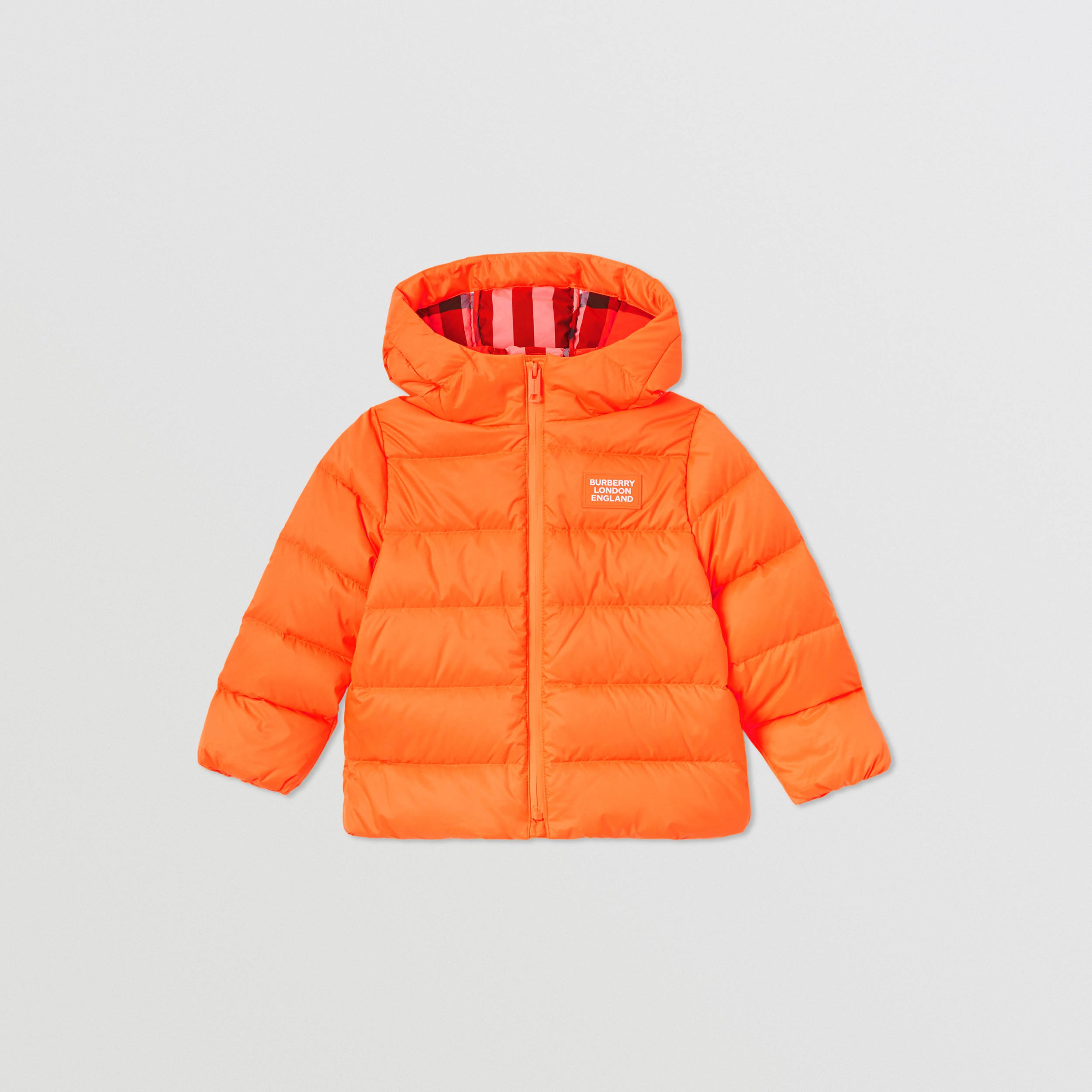 Logo Appliqué Hooded Puffer Jacket in Neon Orange | Burberry® Official - 1