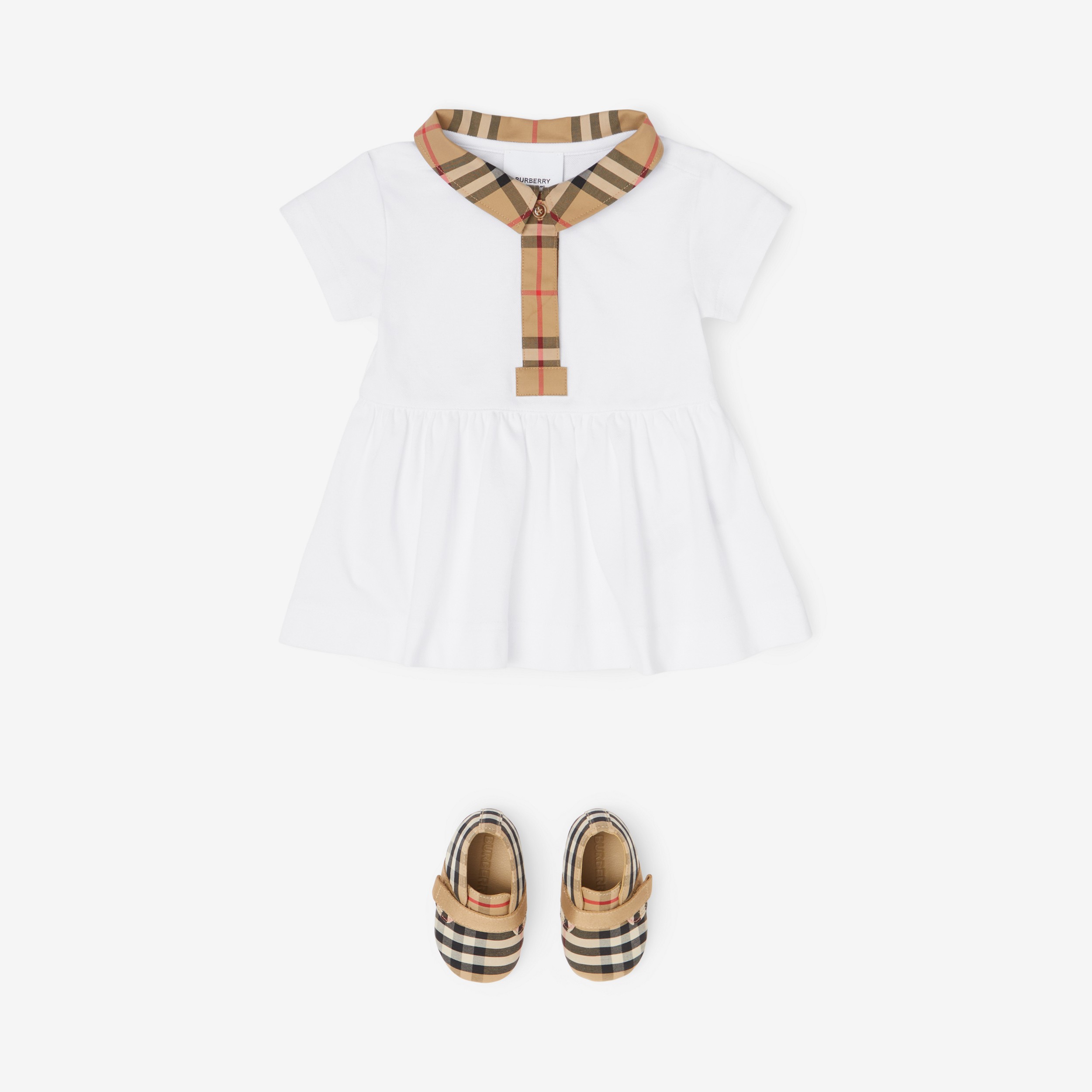 Check Trim Stretch Cotton Piqué Dress with Bloomers in White - Children | Burberry® Official - 3