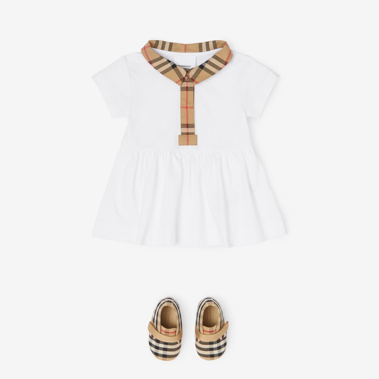 Check Trim Stretch Cotton Piqué Dress with Bloomers in White - Children | Burberry® Official