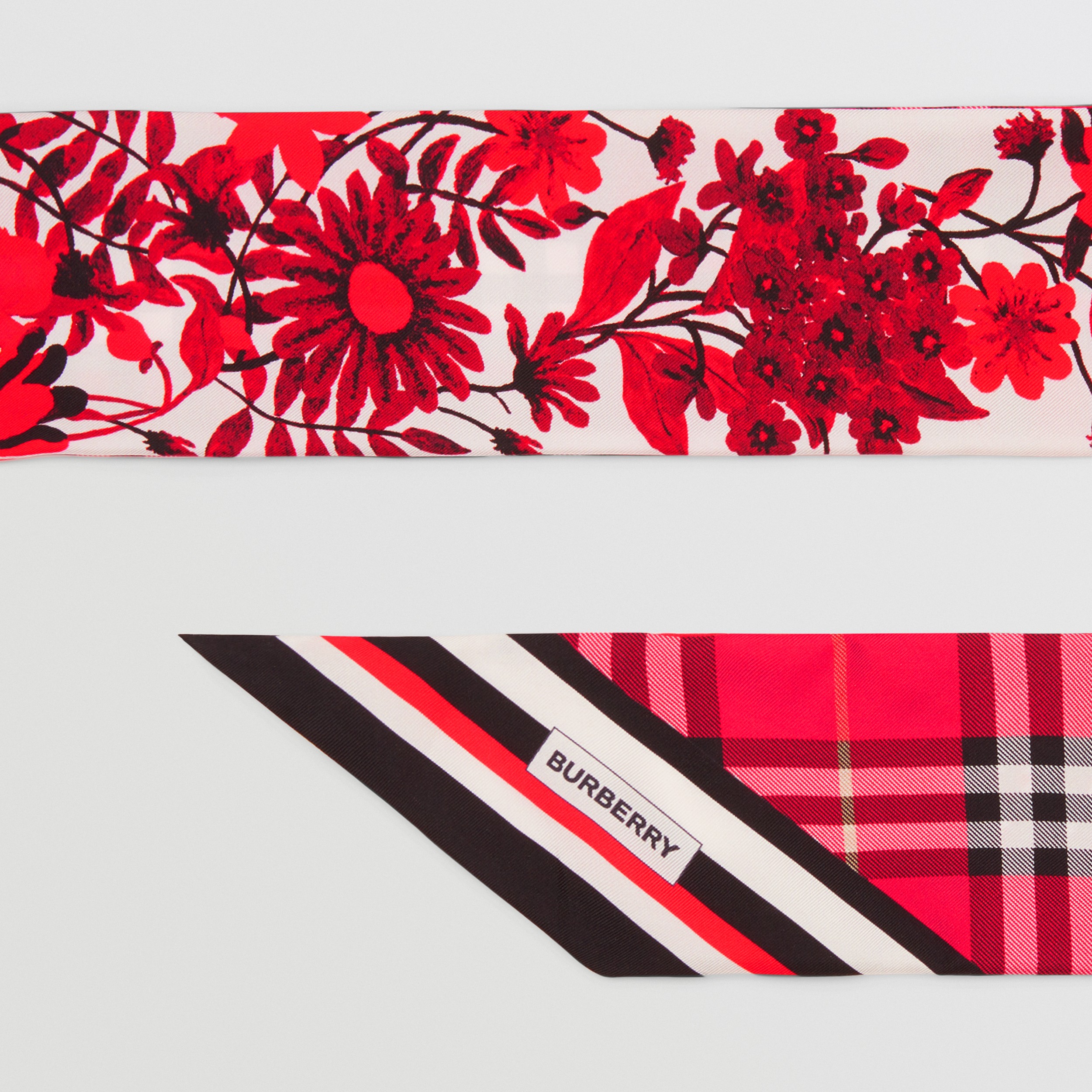Check and Floral Print Silk Skinny Scarf – Online Exclusive in Bright Red - Women | Burberry® Official - 2