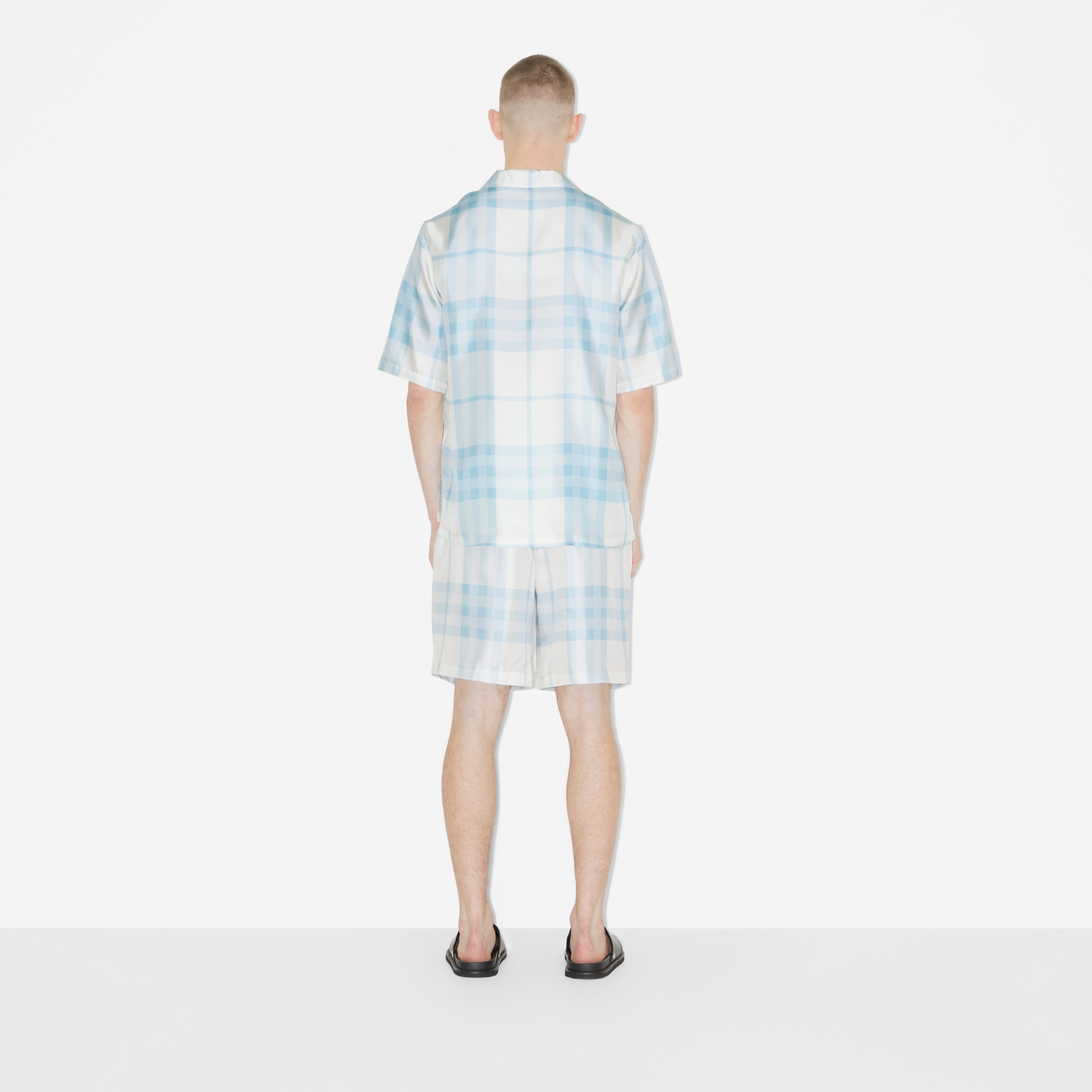 Short-sleeve Check Silk Shirt in Pale Sky Blue - Men | Burberry® Official - 4
