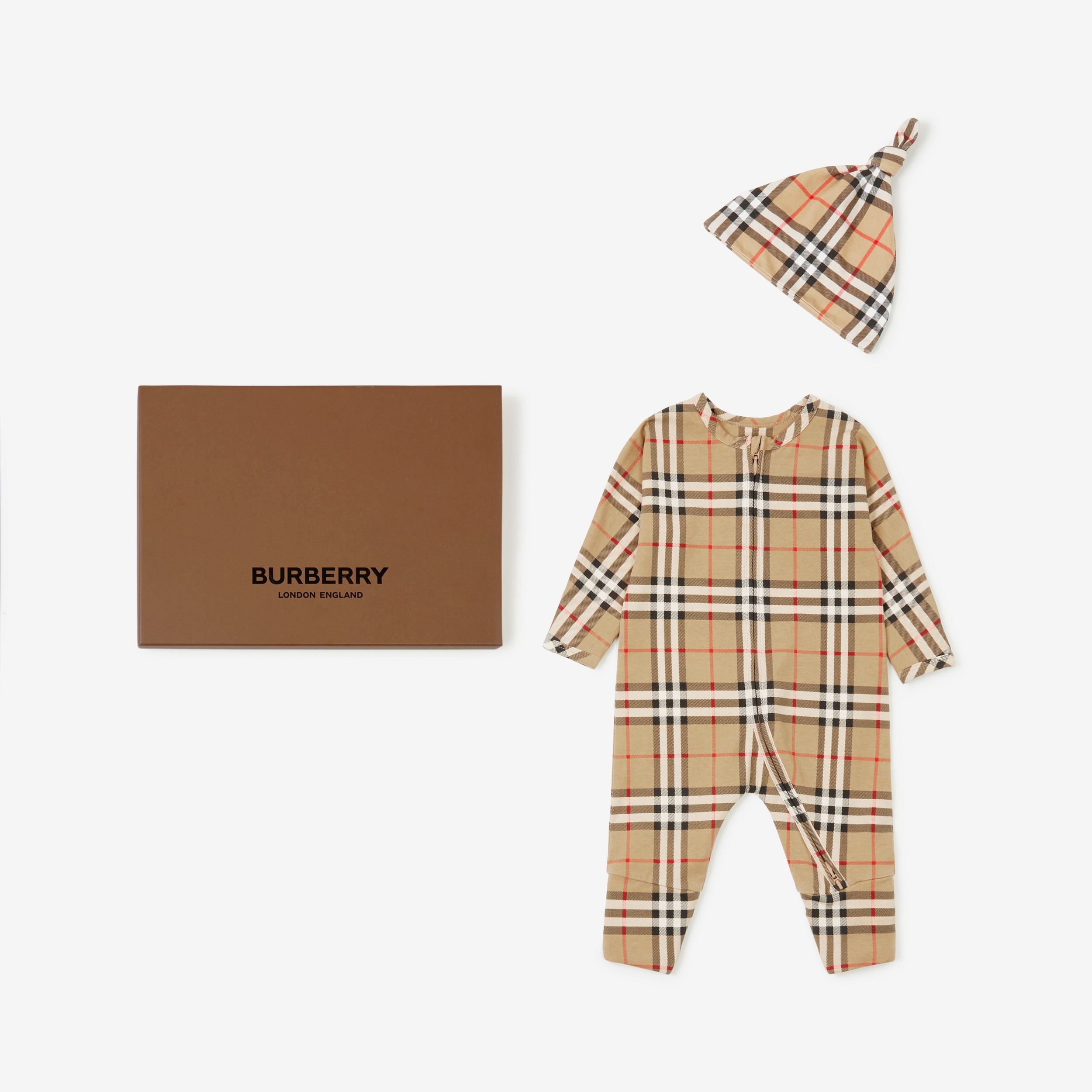 Check Cotton Two-piece Baby Gift Set in Archive Beige - Children | Burberry® Official - 1