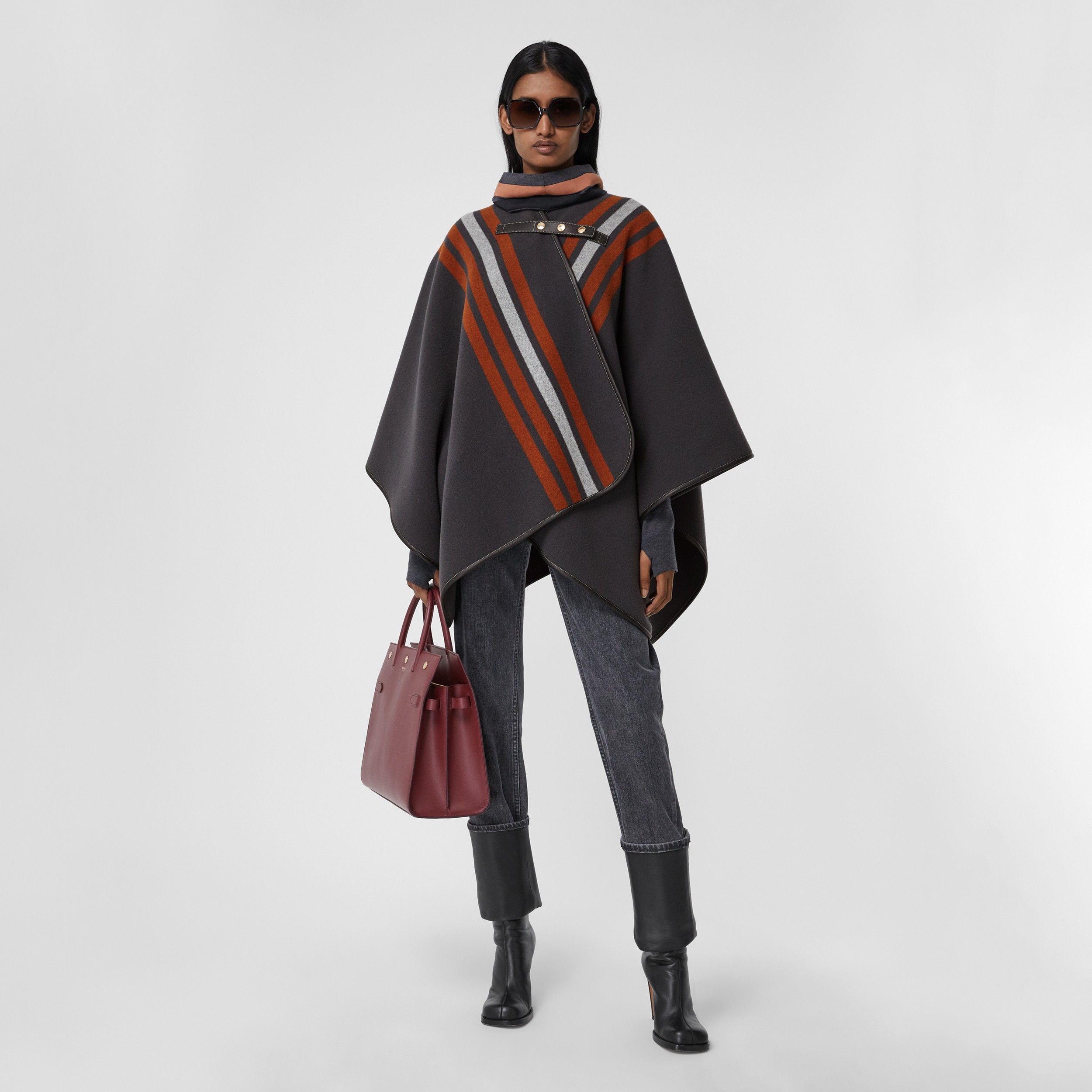 Stripe Detail Wool Cape In Mid Grey Women Burberry United Kingdom