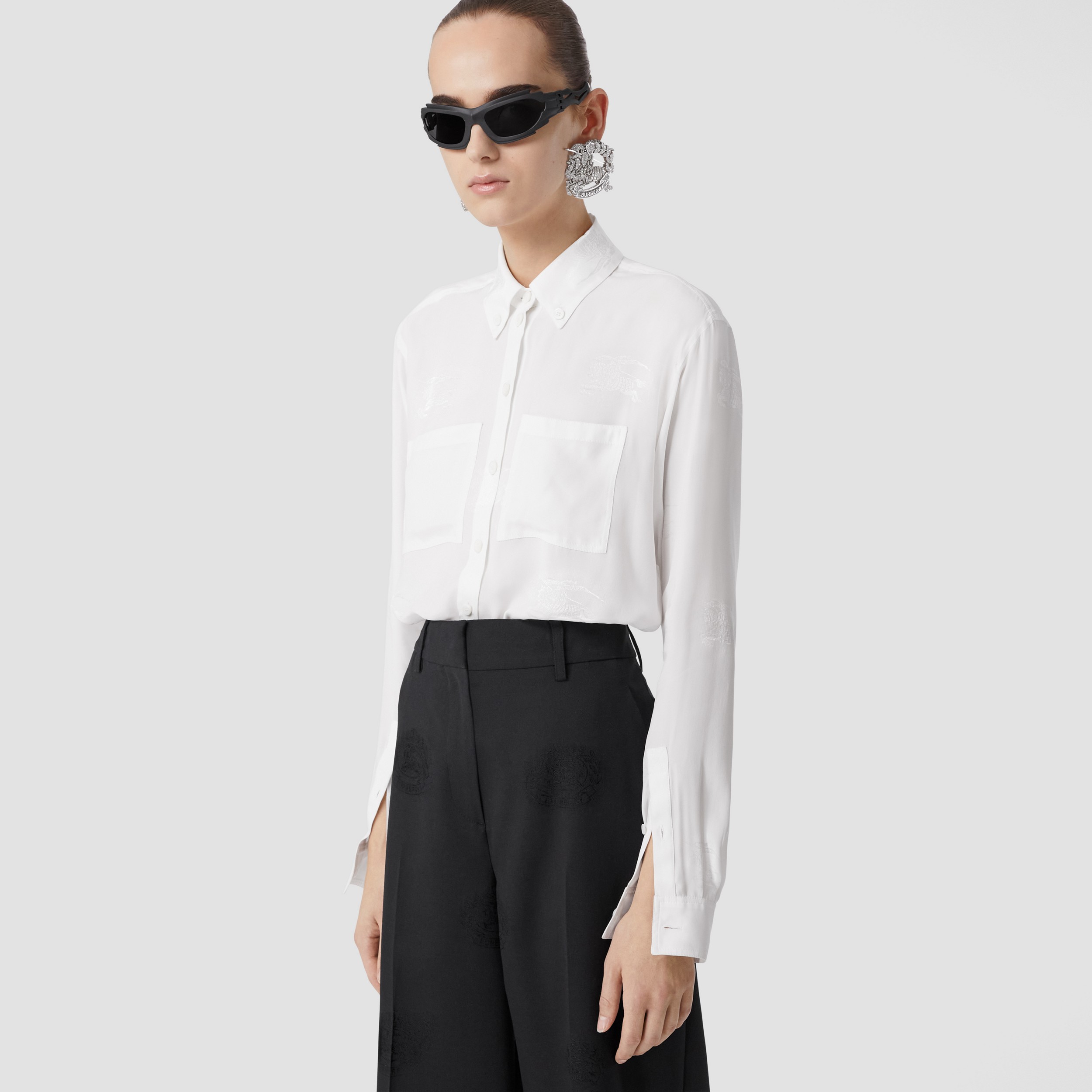 Oversize-Bluse aus Seidenjacquard mit Ritteremblemen (Optic-weiß) - Damen | Burberry® - 4
