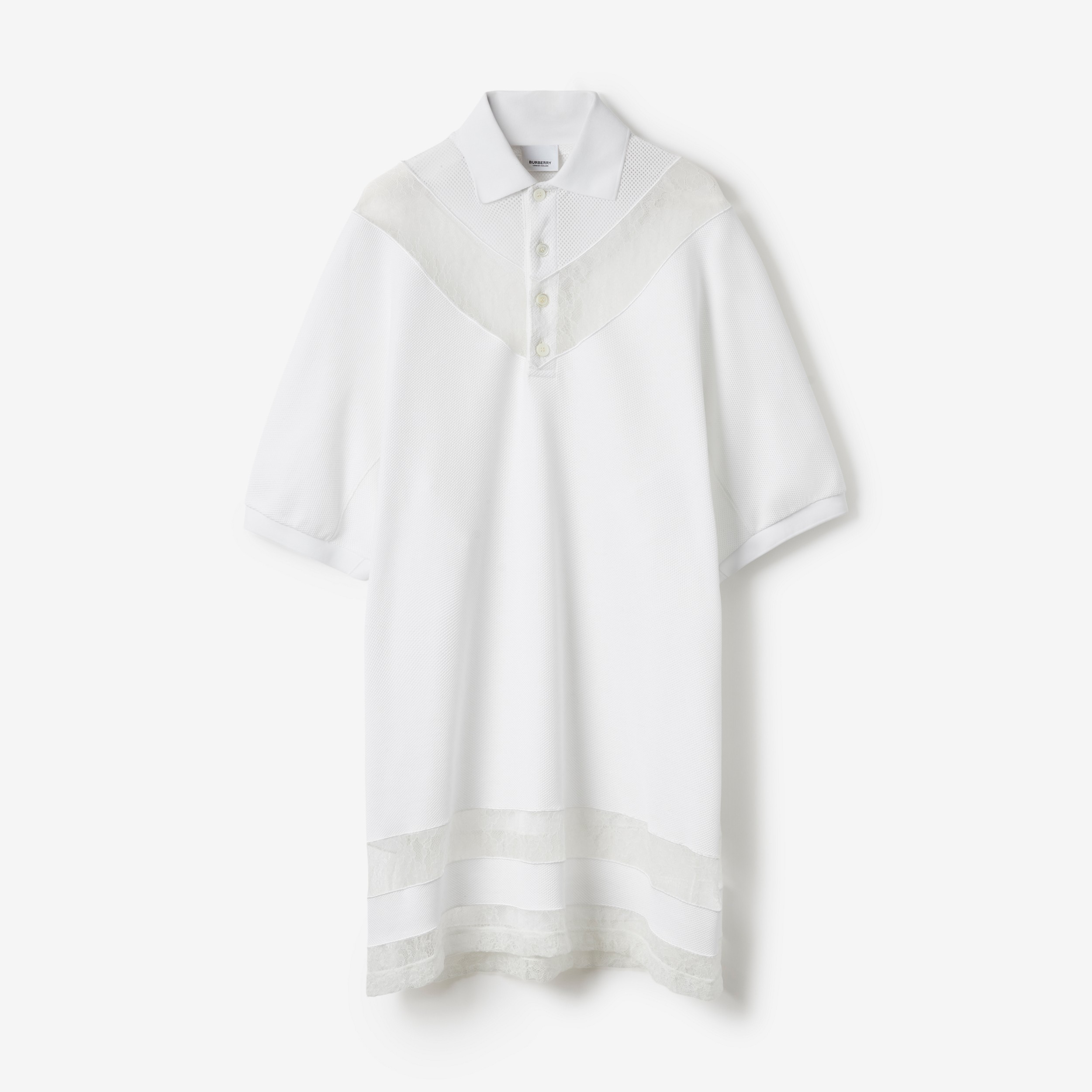 Lace Panel Cotton Piqué Polo Shirt Dress in Optic White - Women | Burberry® Official - 1