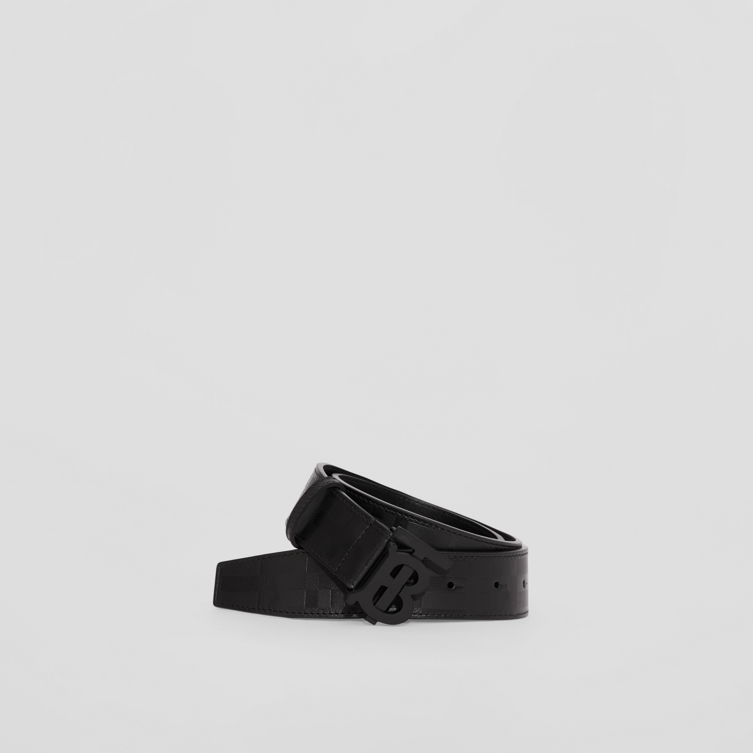Monogram Motif Embossed Check Leather Belt in Black - Men | Burberry® Official - 1