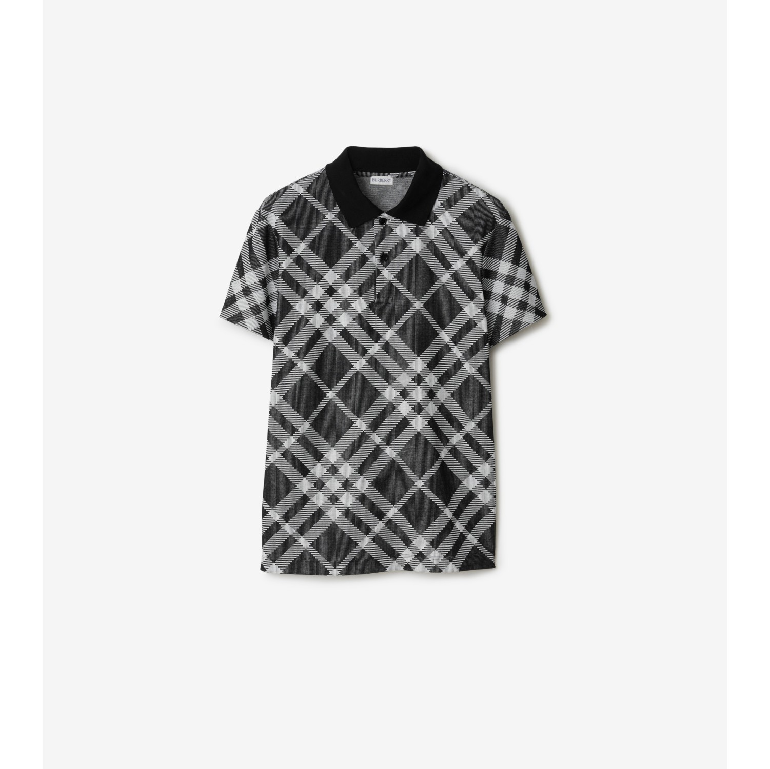 Check Stretch Cotton Blend Polo Shirt in Black white Men Burberry Official