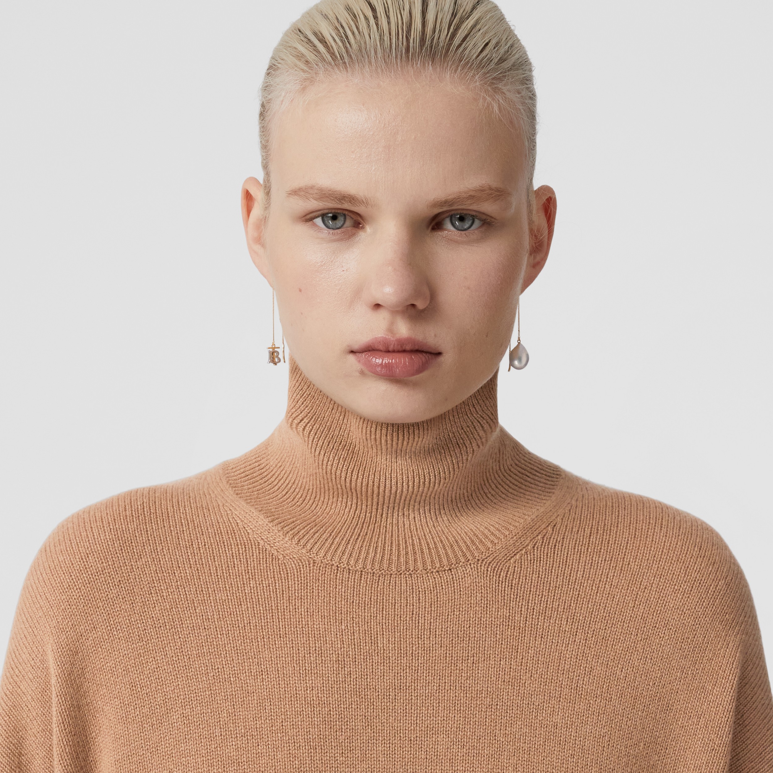 Monogram Motif Cashmere Funnel Neck Sweater in Wheat - Women | Burberry® Official - 2