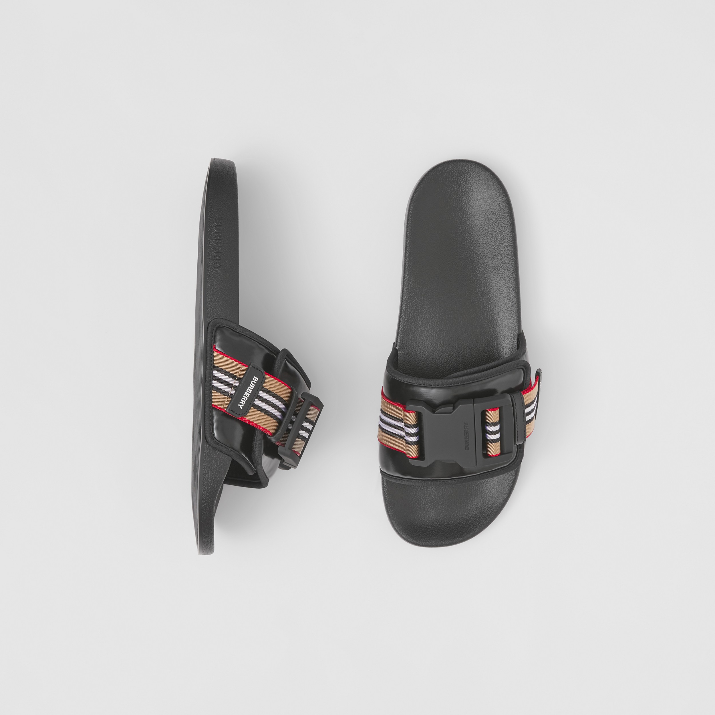 Icon Stripe Trim Coated Canvas Slides in Black - Men | Burberry® Official - 1
