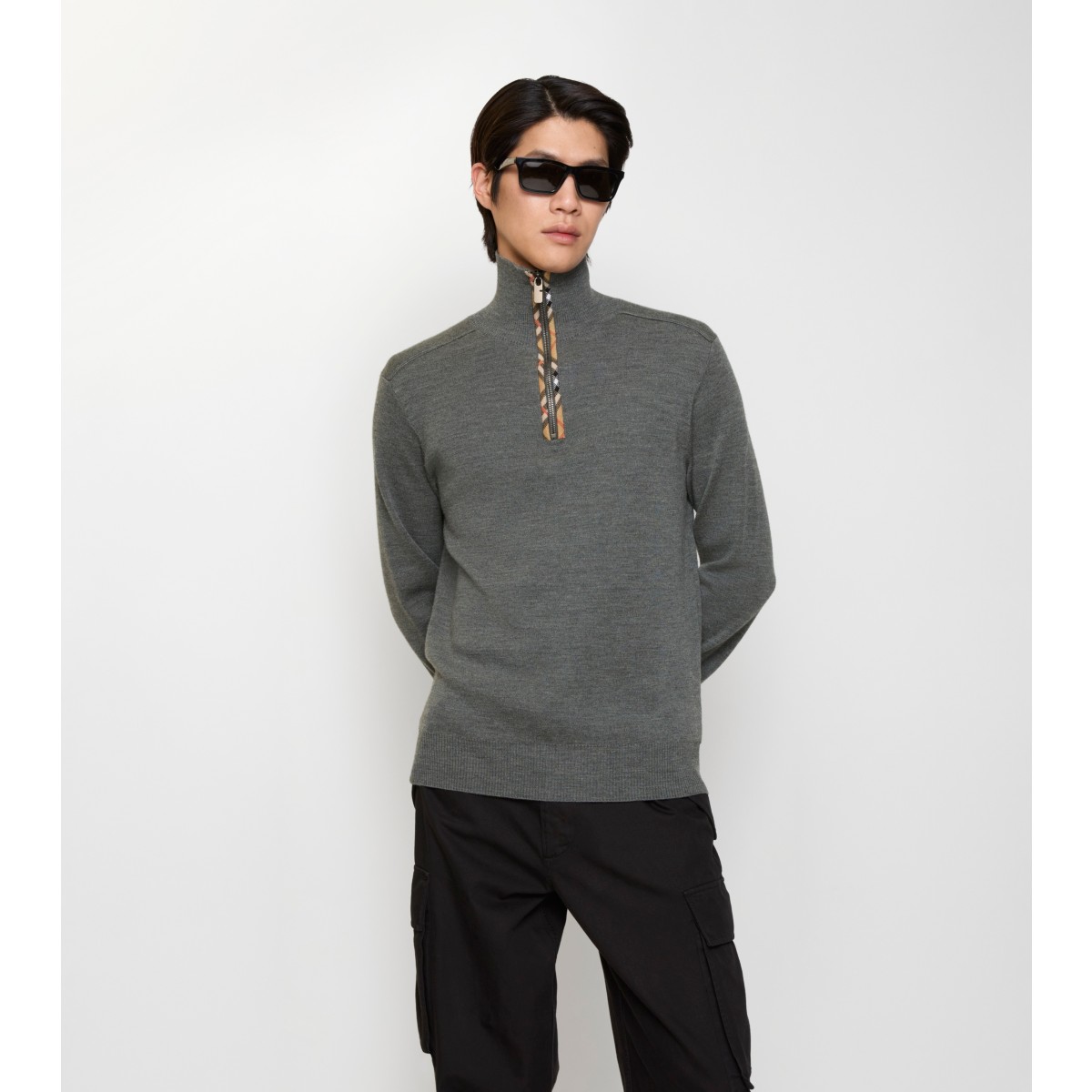  Check Trim Wool Half-zip Sweater