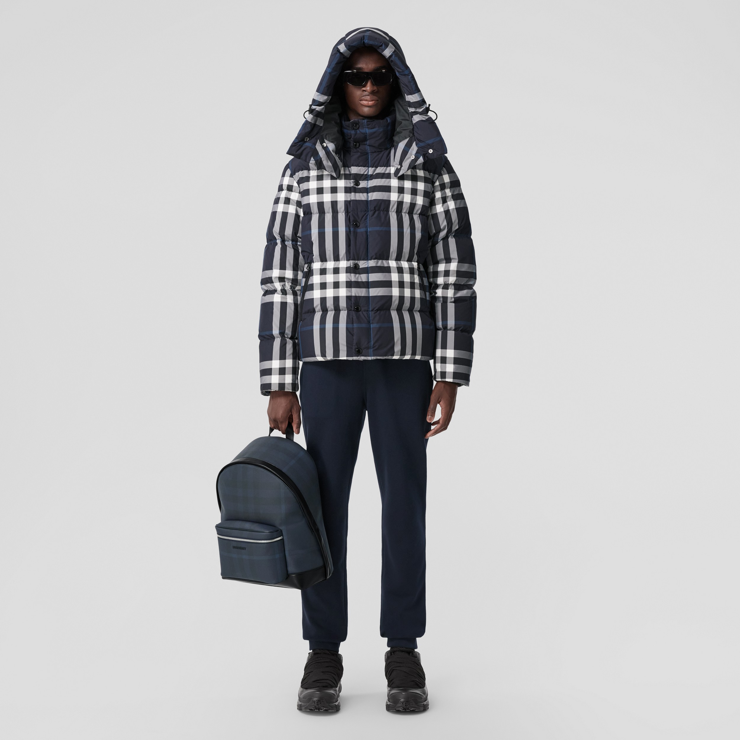 Detachable Hood Night Check Puffer Jacket in White/dark Charcoal Blue - Men | Burberry® Official - 1