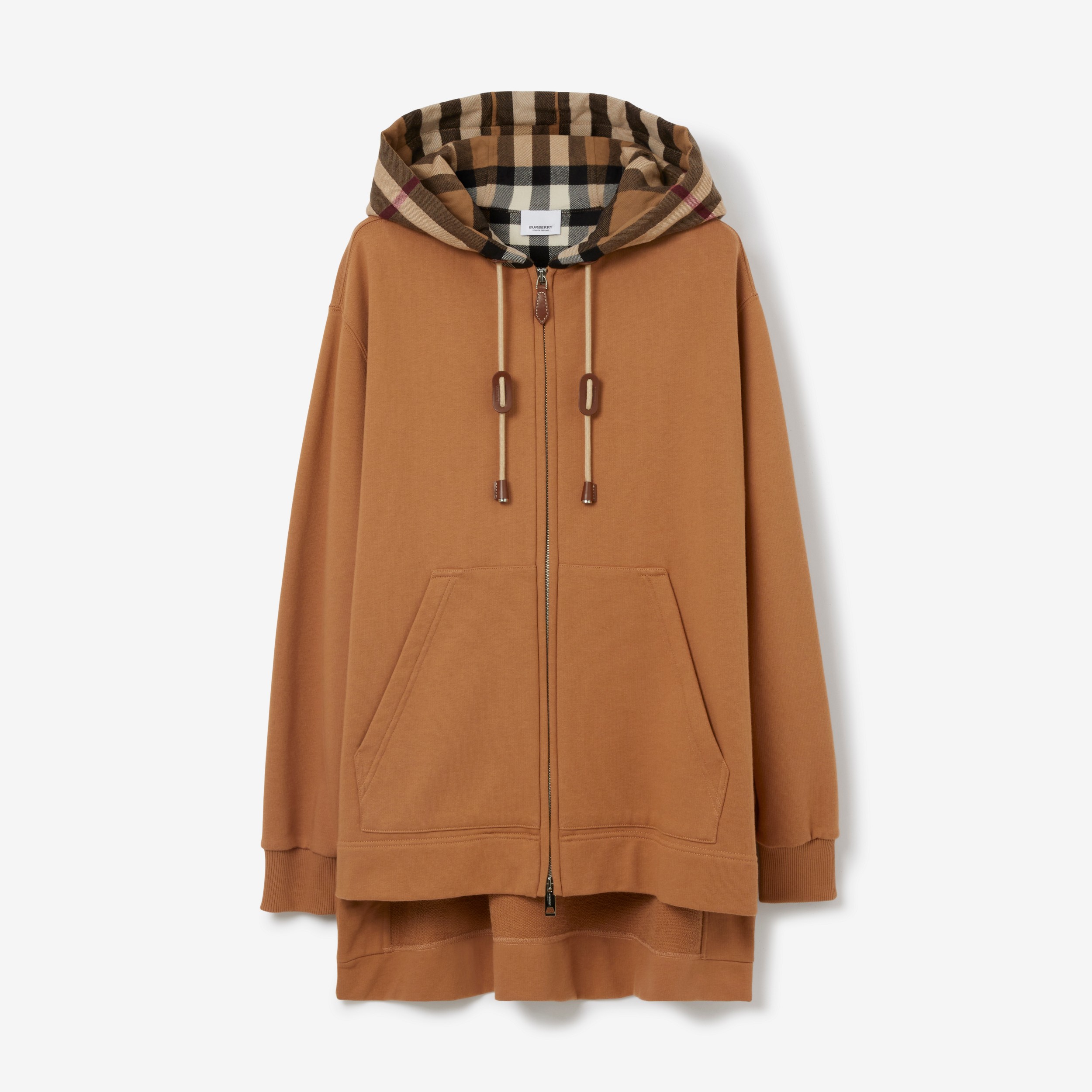 Check Hood Cotton Oversized Zip Hoodie in Camel - Women | Burberry® Official - 1