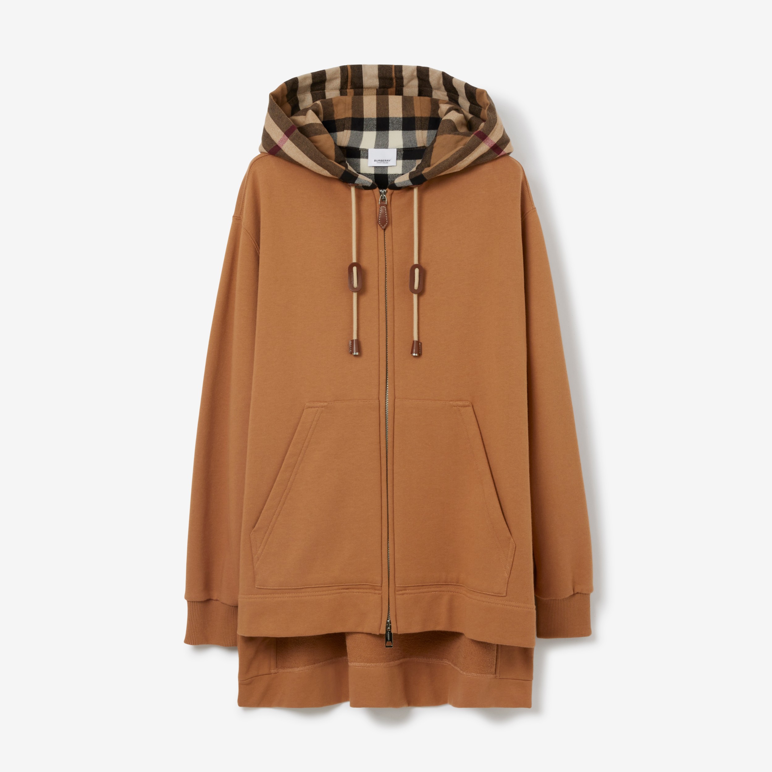 Check Hood Cotton Oversized Zip Hoodie in Camel - Women | Burberry® Official