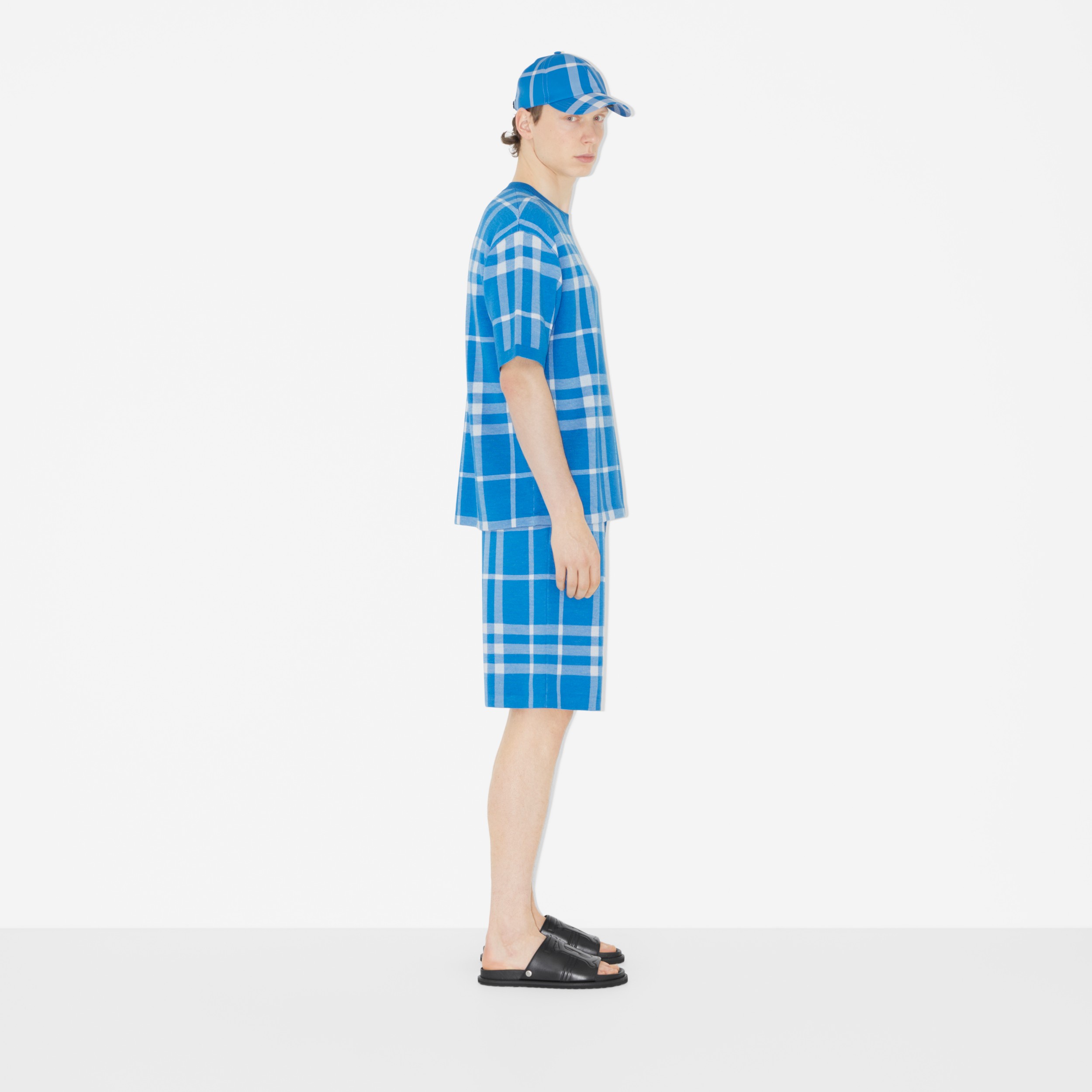 Short-sleeve Check Silk Wool Jacquard Top in Vivid Blue - Men | Burberry® Official - 3