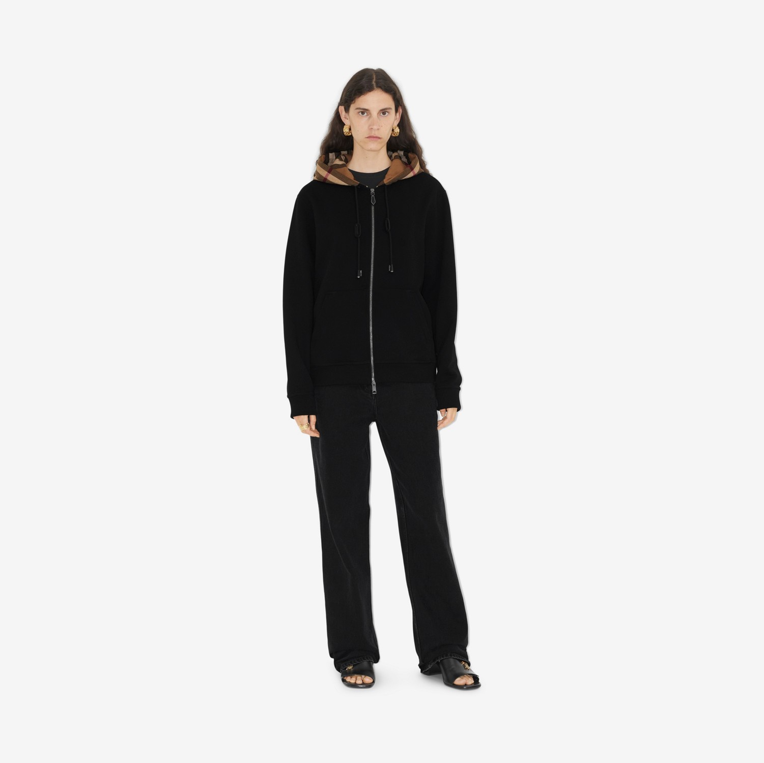 Sudadera en algodón con cremallera, capucha y detalles Check (Negro) - Mujer | Burberry® oficial