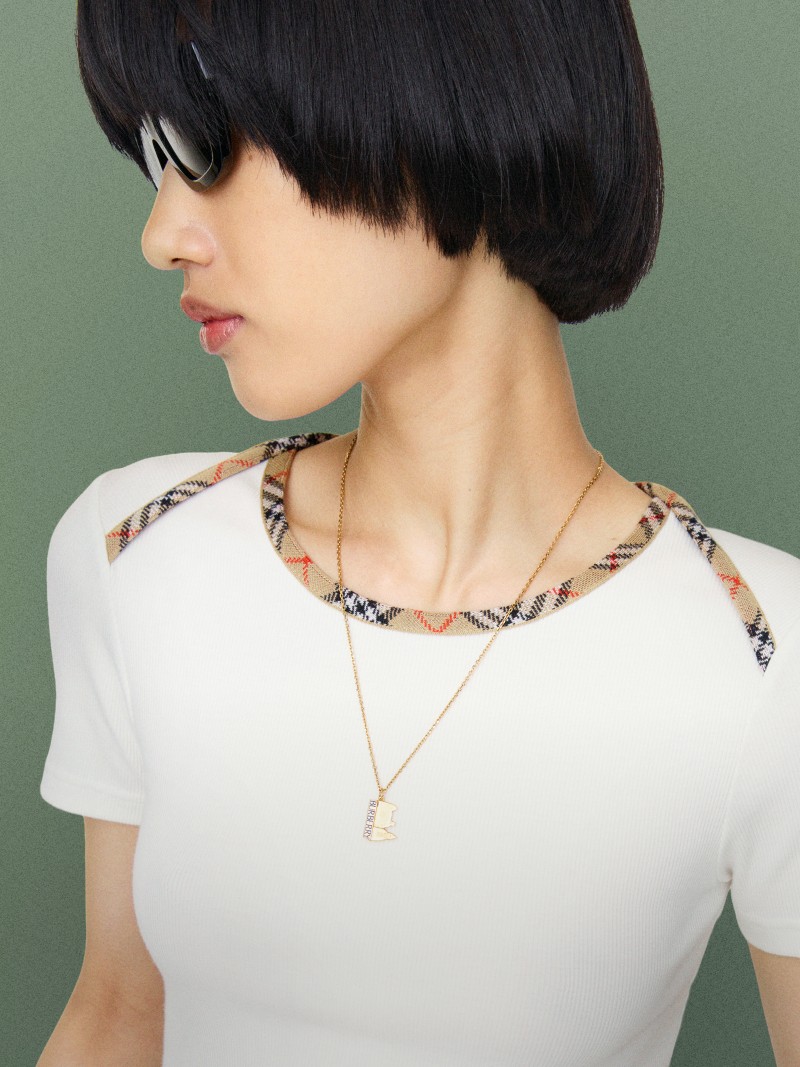 Shot of model wearing Check Trim Stretch Cotton T-shirt in colour Chalk White