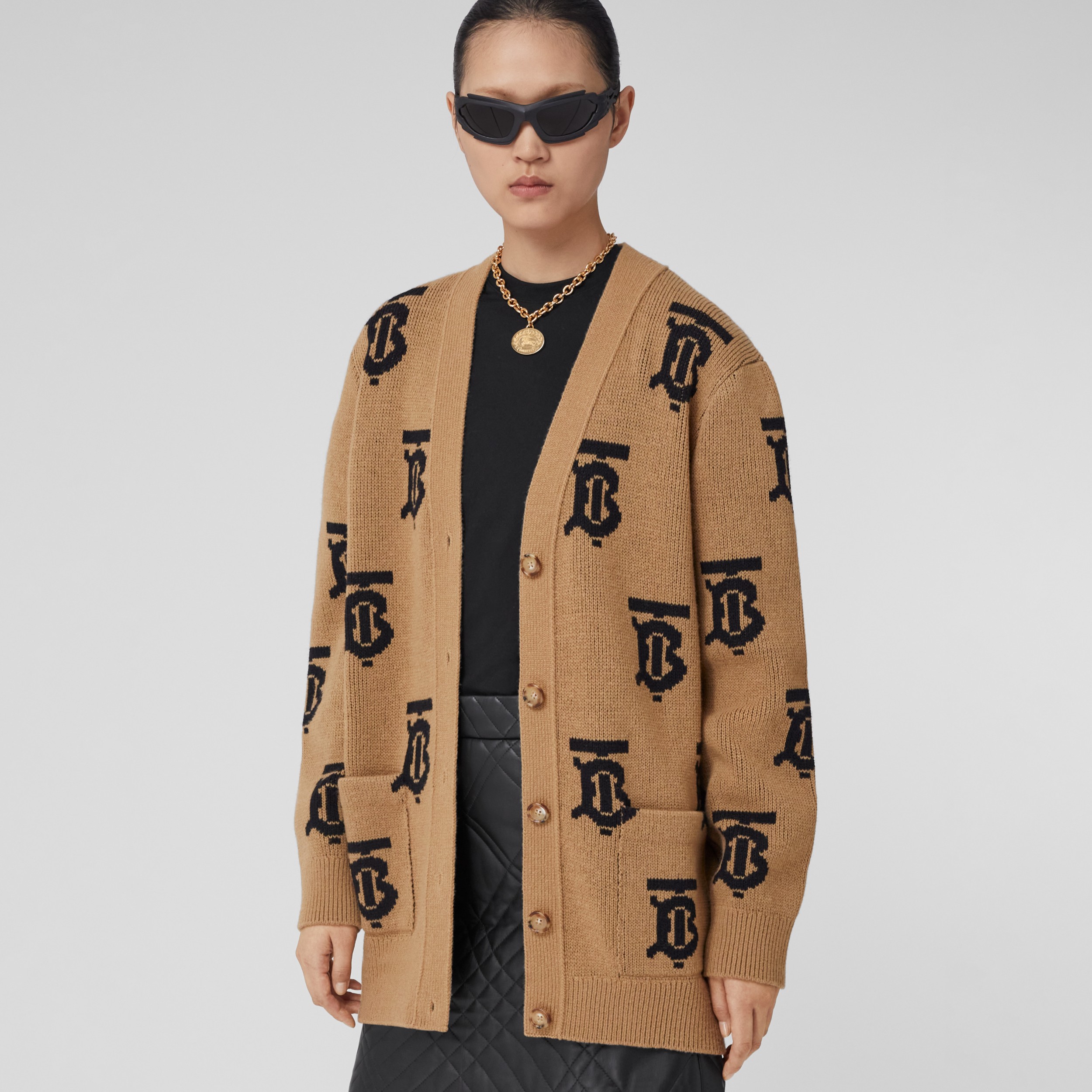 Monogram Motif Wool Jacquard Cardigan in Camel - Women | Burberry