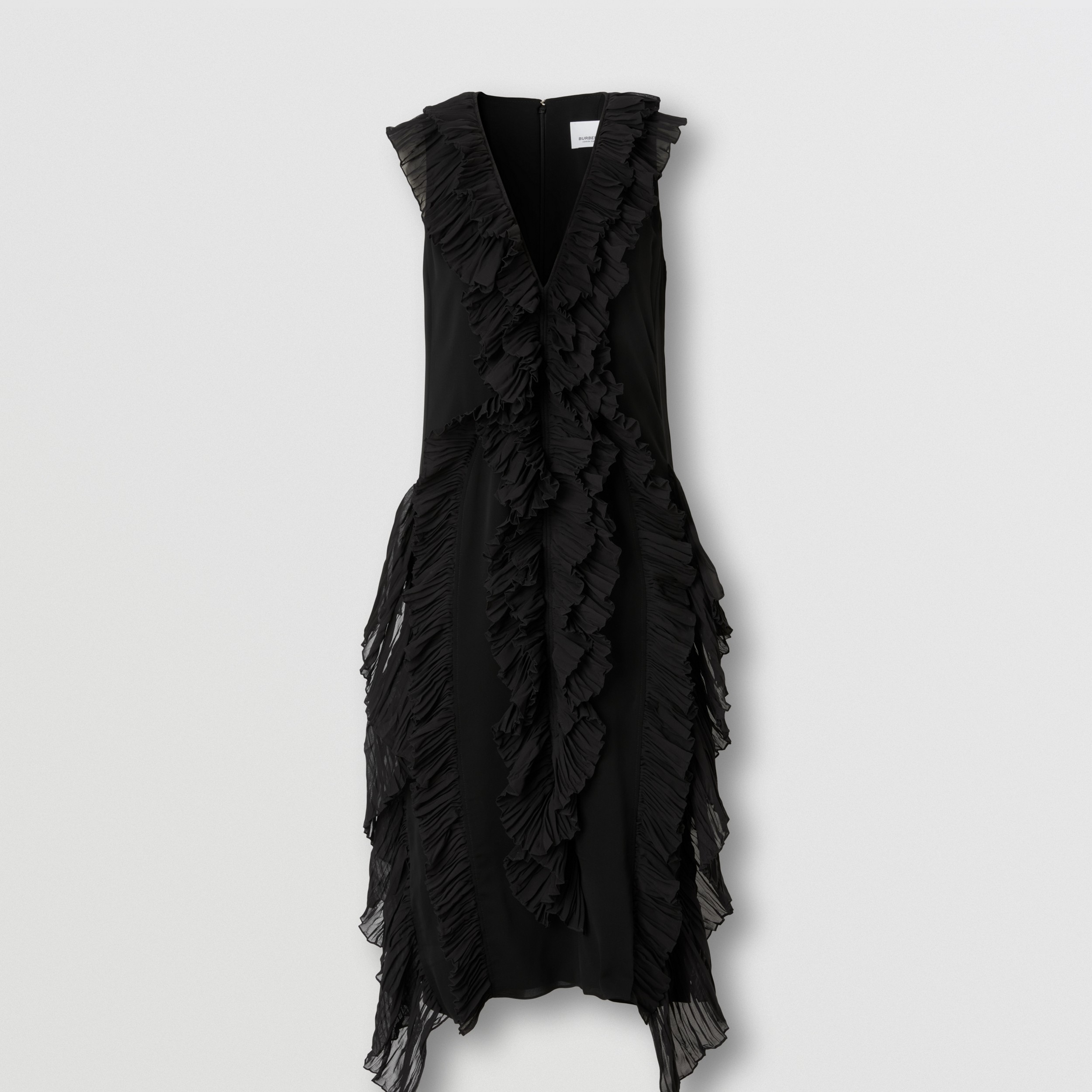 Pleated Ruffle Detail Silk Georgette Dress in Black - Women | Burberry® Official - 4