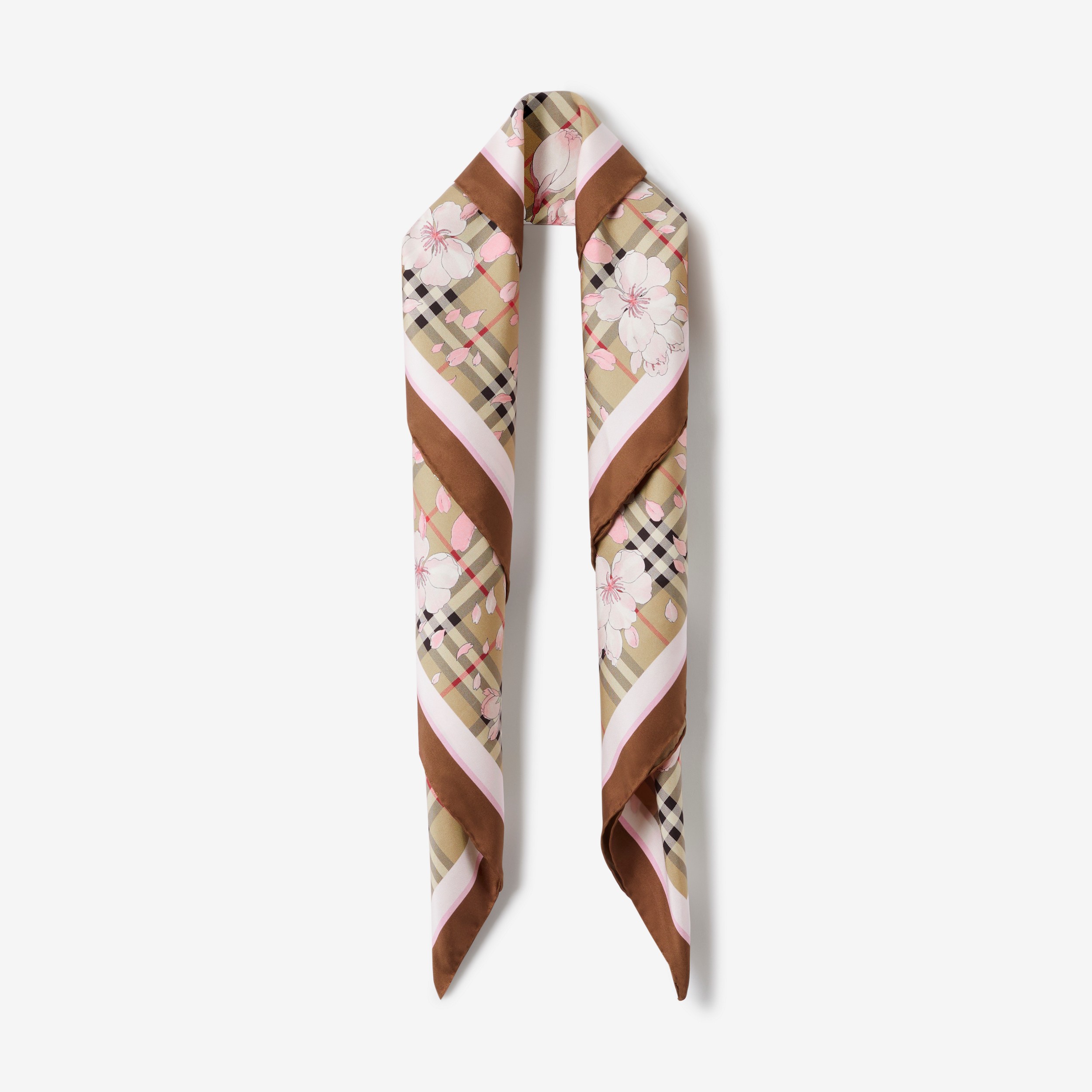Lenço de seda com estampa xadrez e floral (Bege Clássico) | Burberry® oficial - 1