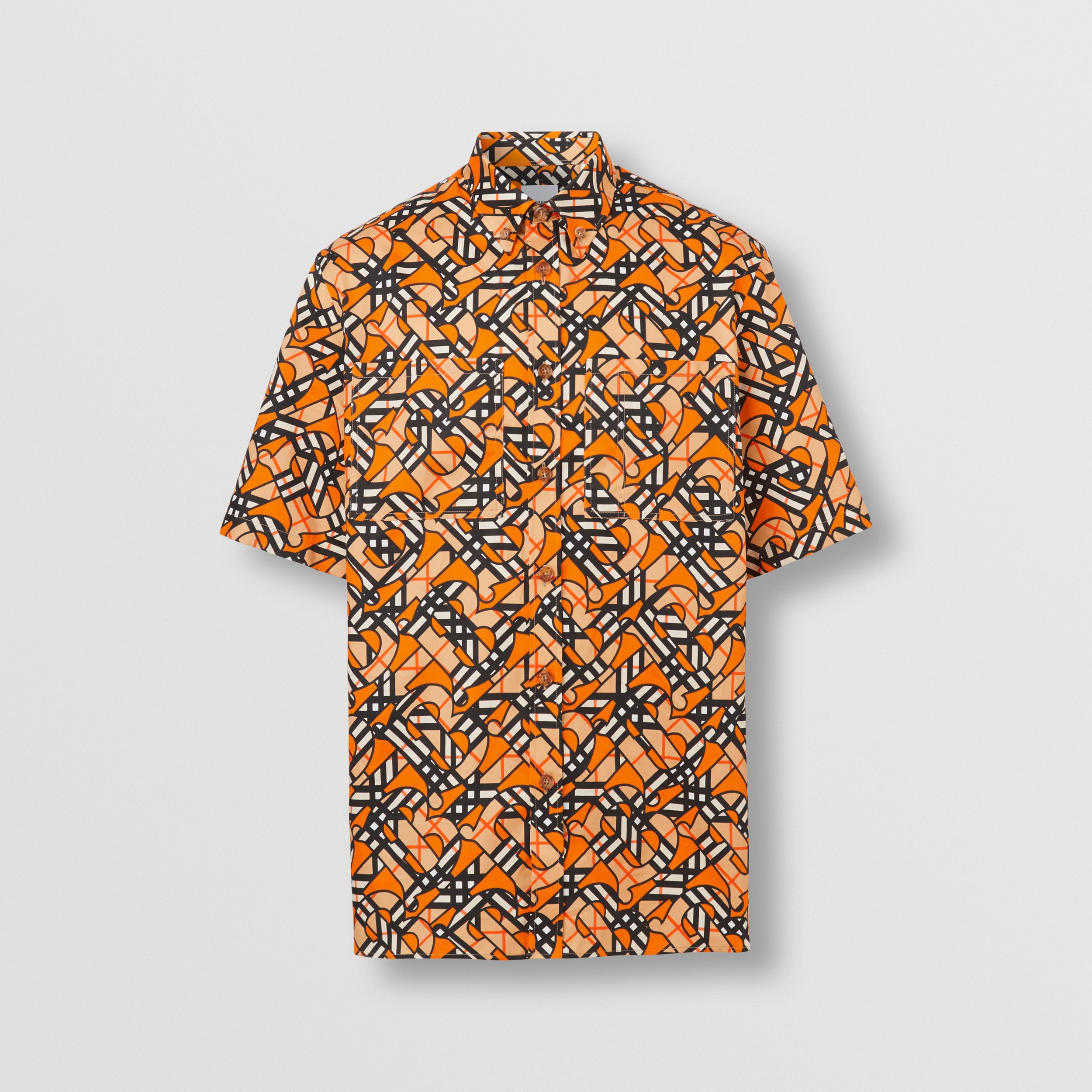 Short-sleeve Monogram Print Cotton Poplin Shirt in Bright Orange - Men | Burberry® Official - 4