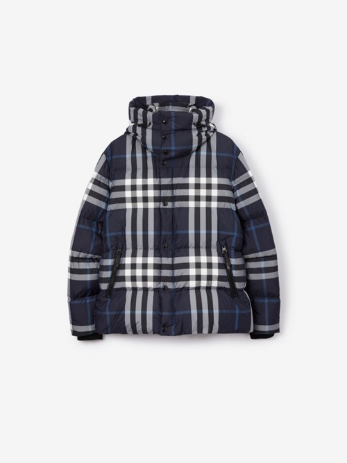 Burberry Navy Check Down Jacket In White/dark Charcoal Blue