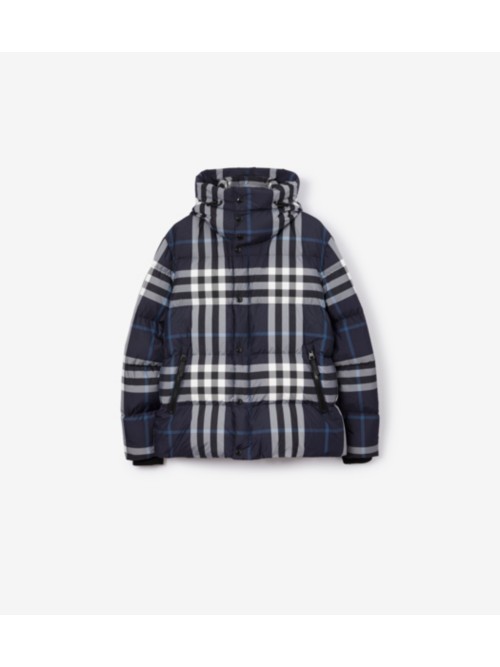 Shop Burberry Check Puffer Jacket In White/dark Charcoal Blue