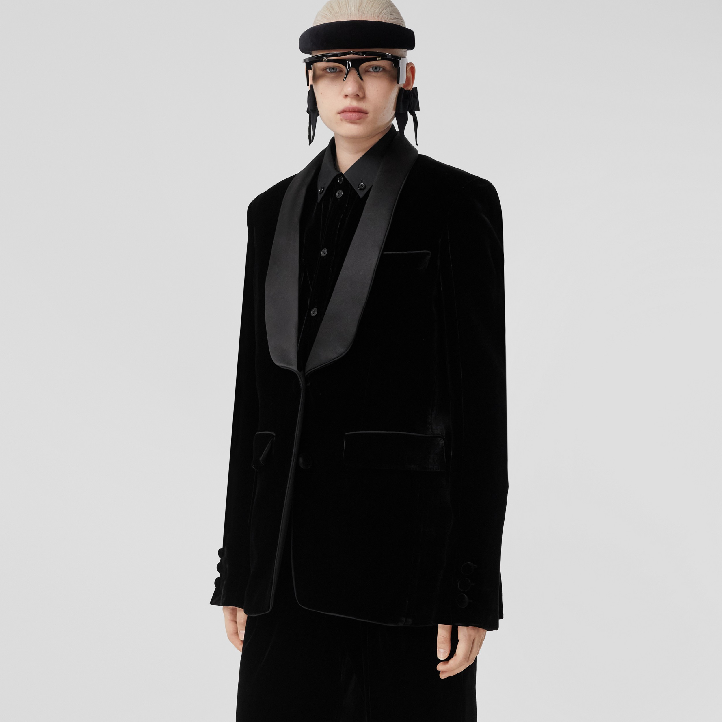 Silk Satin Trim Velvet Tailored Jacket in Black - Women | Burberry® Official - 1