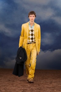 Burberry SS26 Show model Saul Symon wearing a Coated denim tailored jacket and an Argyle knit vest