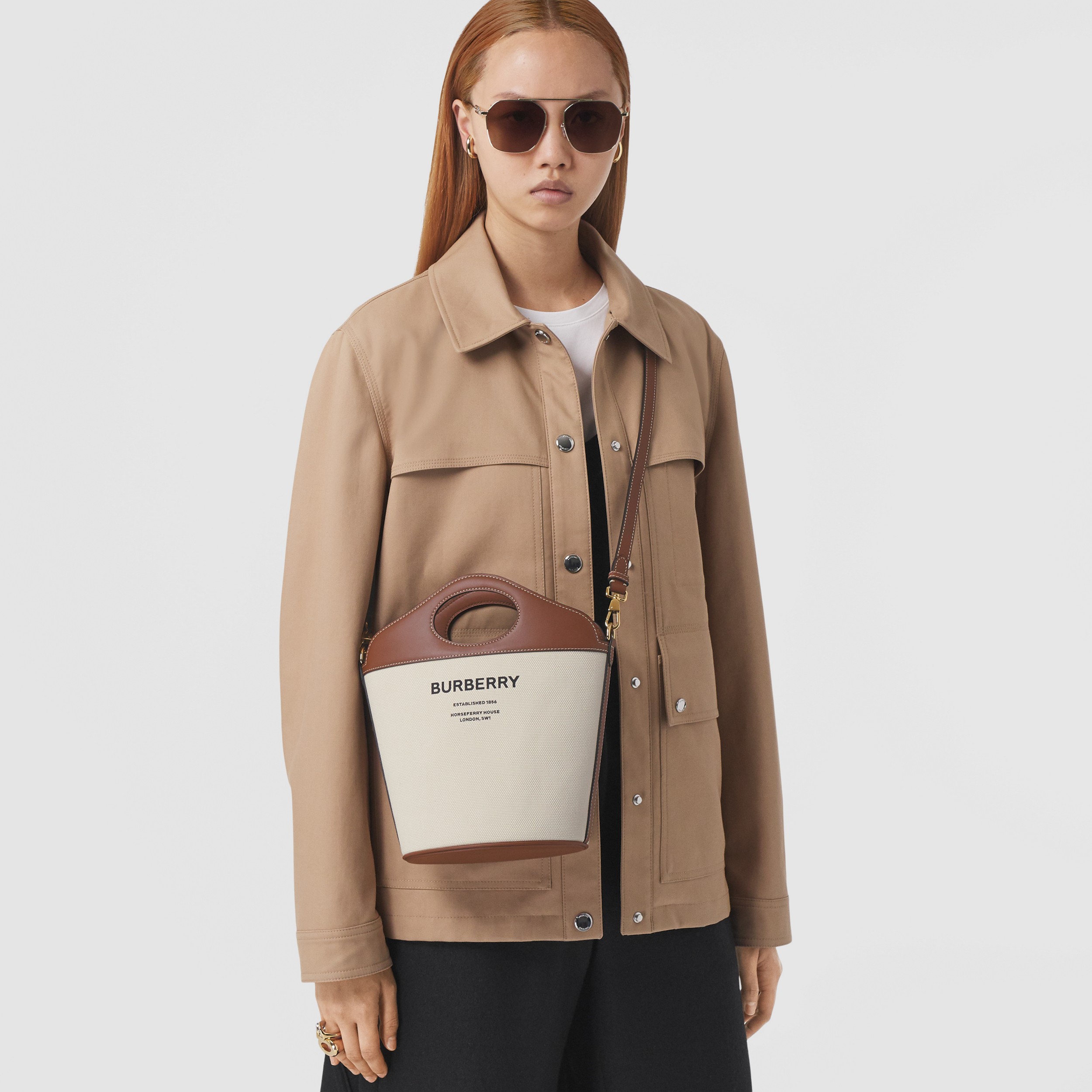 Two-tone Canvas and Leather Small Pocket Bucket Bag in Natural/tan - Women | Burberry® Official - 3