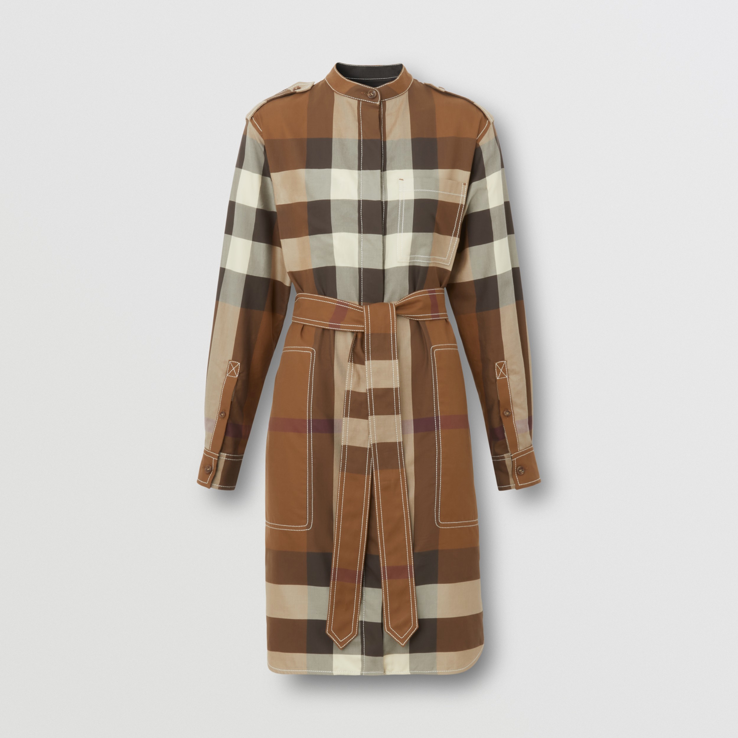 Exaggerated Check Cotton Tie-waist Shirt Dress in Dark Birch Brown | Burberry® Official - 4