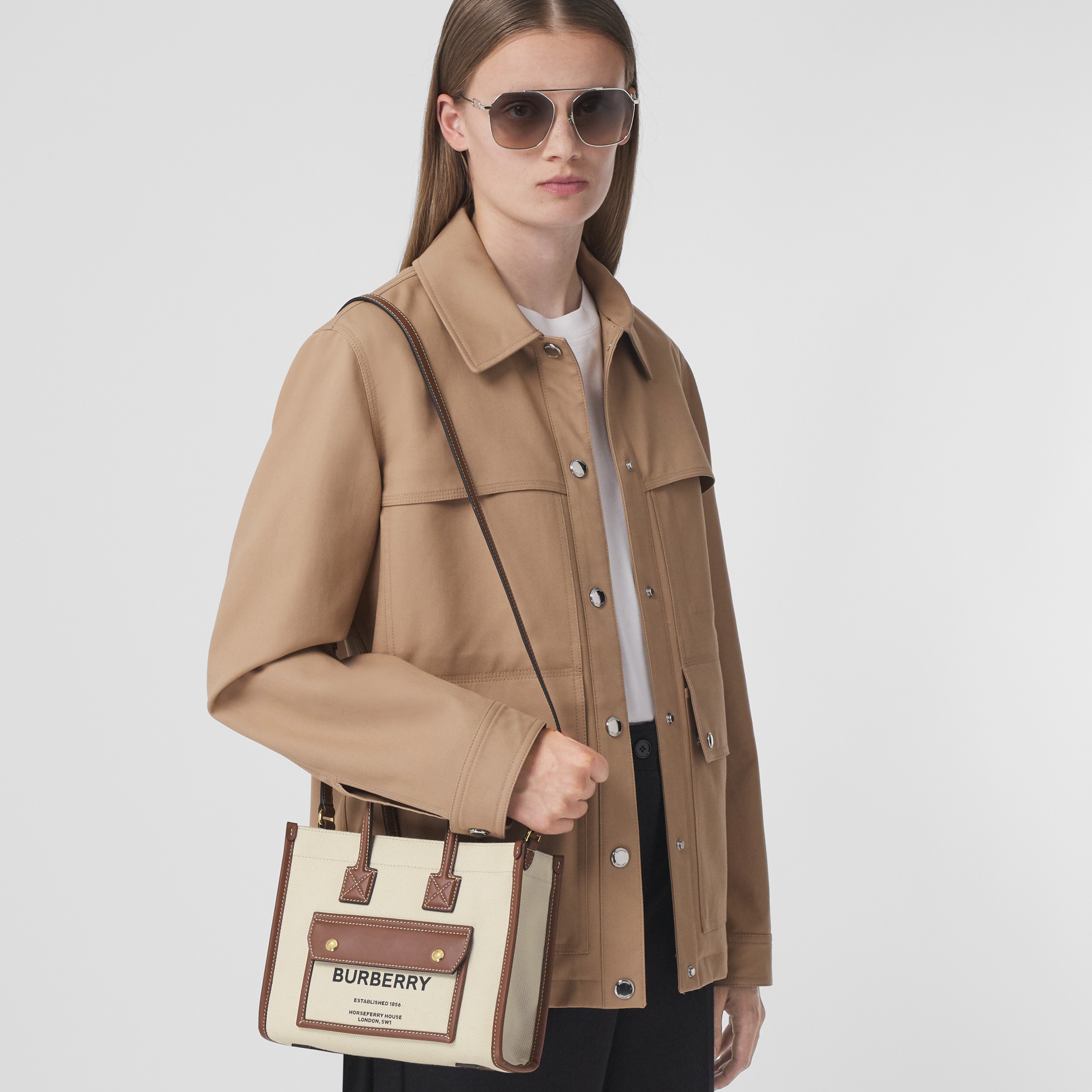 Mini Two-tone Canvas and Leather Freya Tote in Natural/tan - Women | Burberry® Official - 3