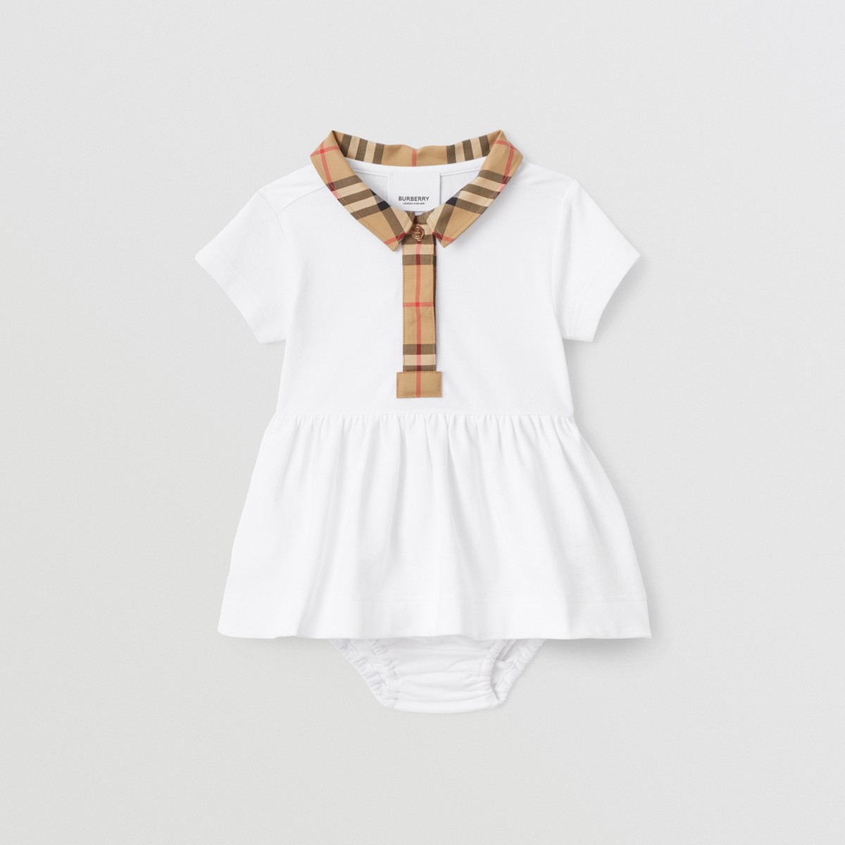 Burberry Childrens Check Trim Stretch Cotton Piqué Dress With Bloomers In White