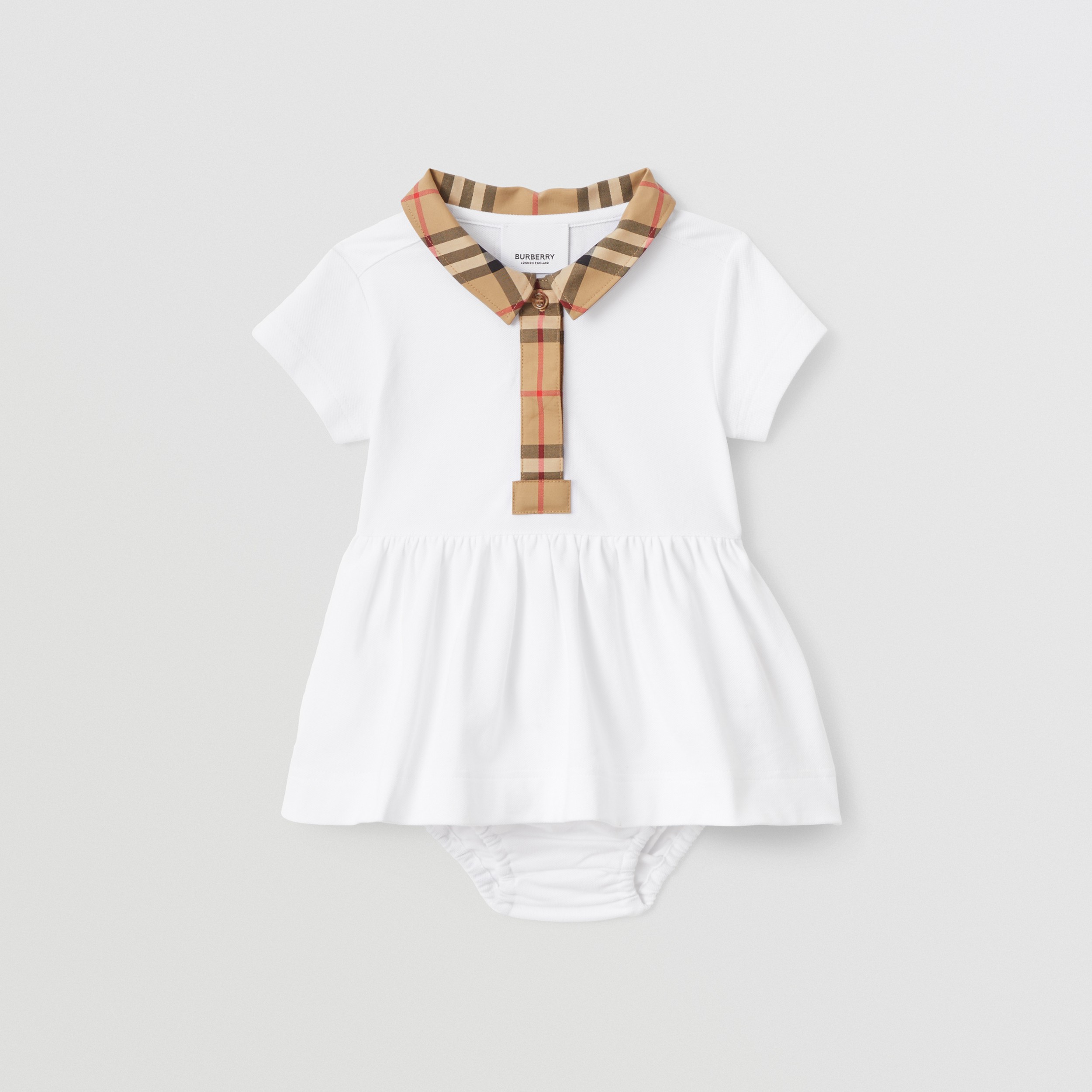 Check Trim Stretch Cotton Piqué Dress with Bloomers in White - Children | Burberry® Official - 1