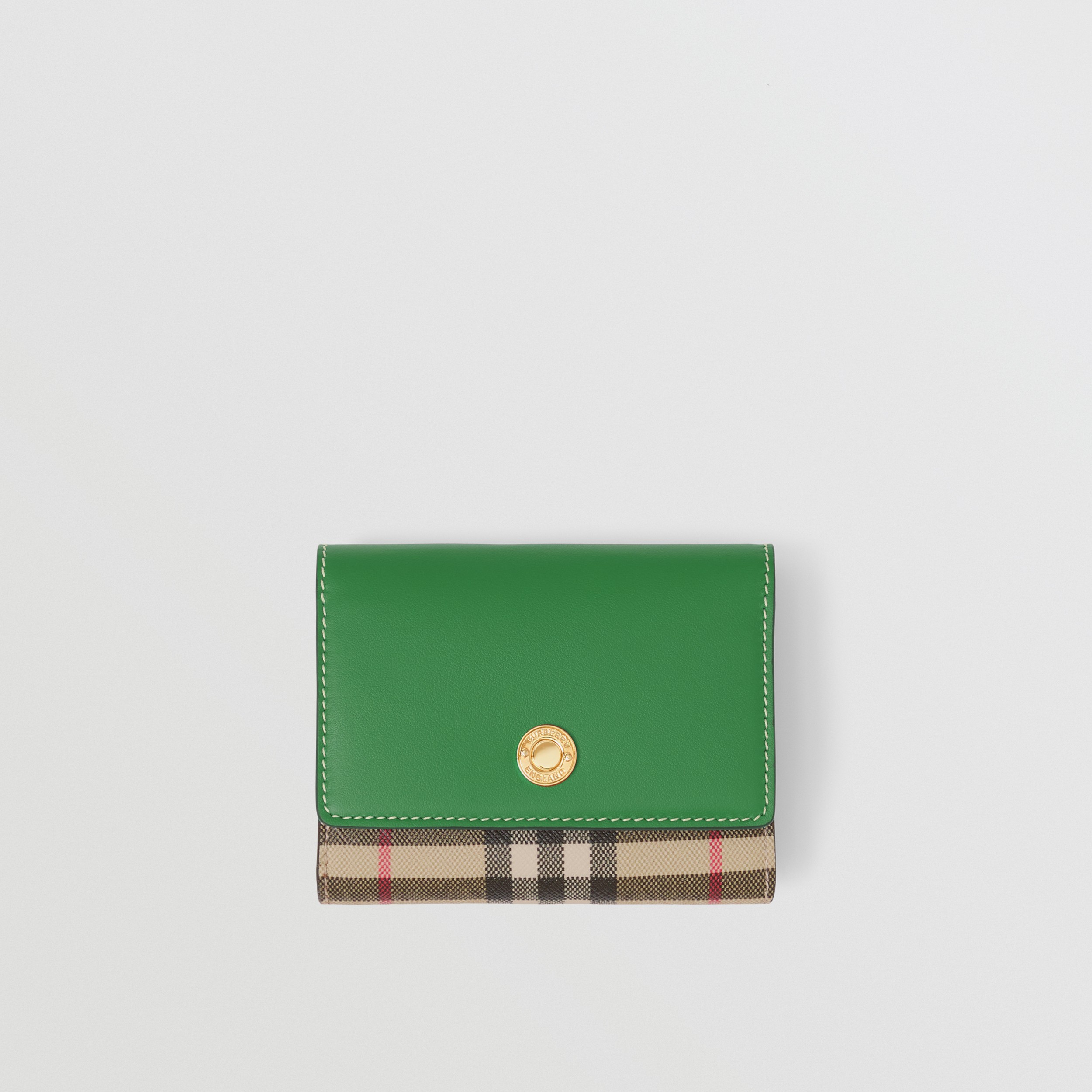Carteira dobrável em couro e estampa Vintage Check - Pequena (Bege Clássico/verde Hera) - Mulheres | Burberry® oficial - 1