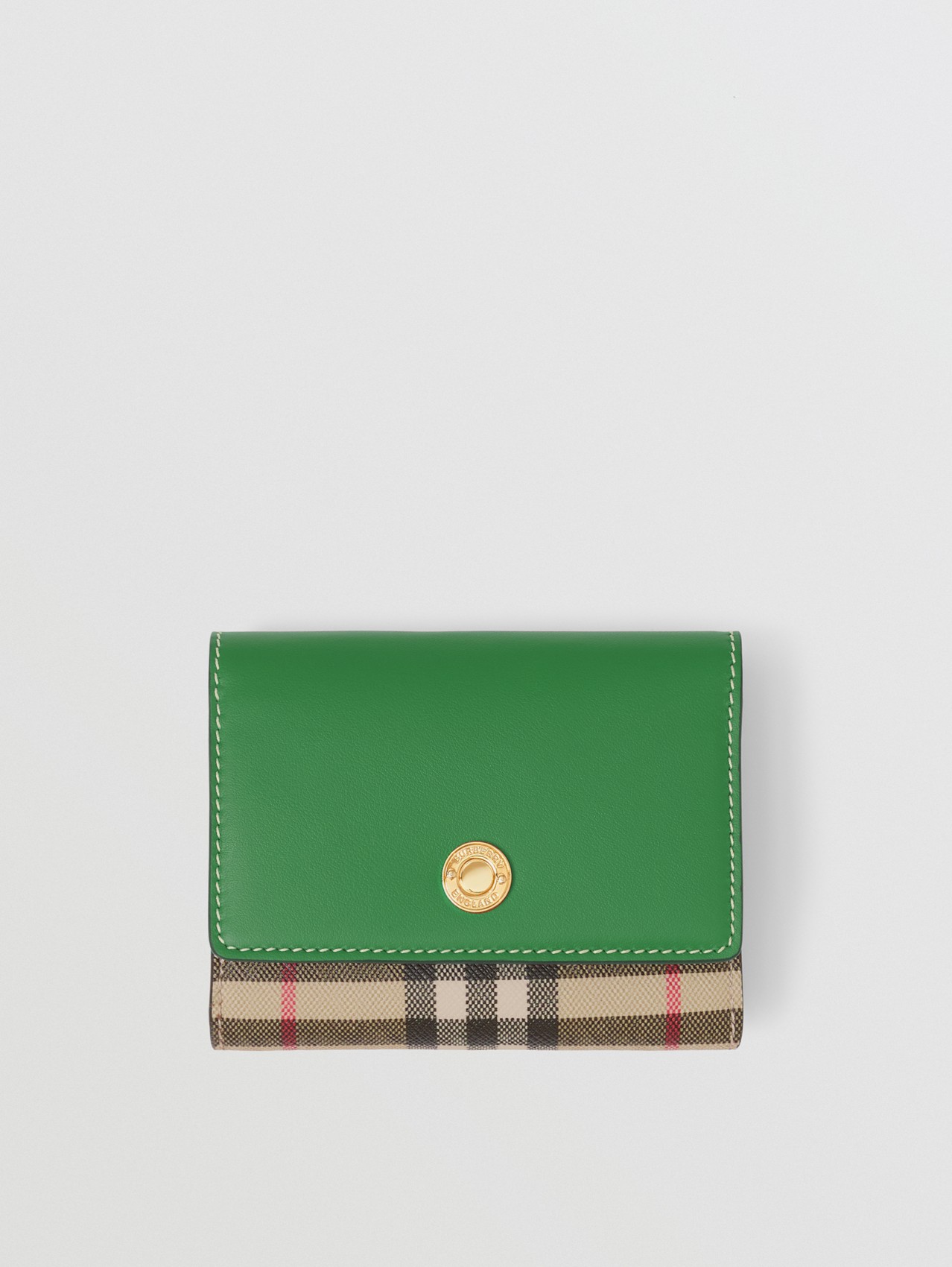 Small Vintage Check and Leather Folding Wallet in Archive Beige/ivy Green