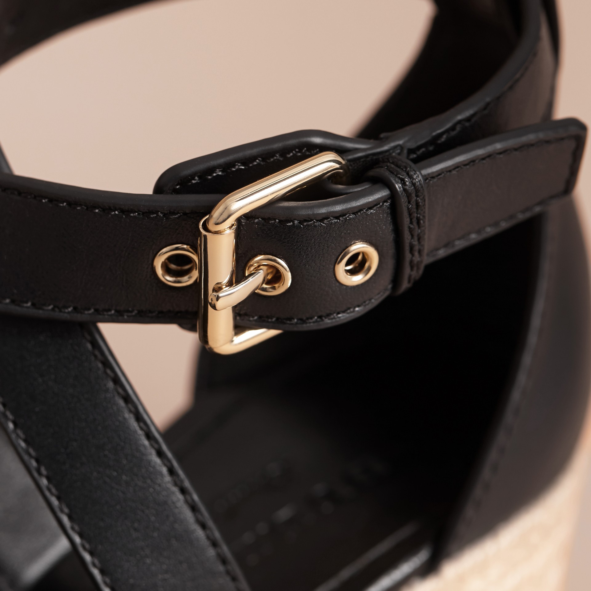 Leather and House Check Platform Espadrille Wedge Sandals Navy Burberry