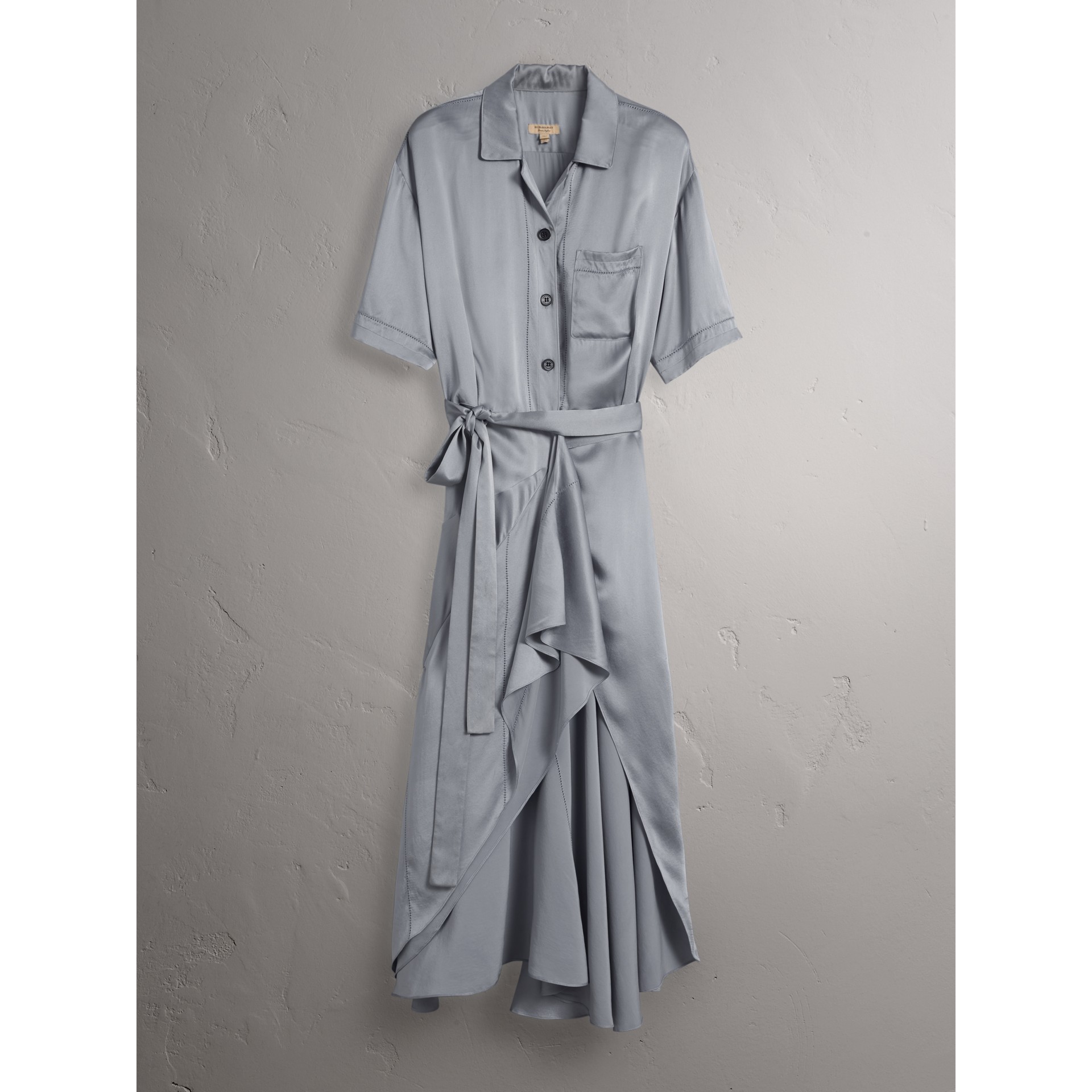 blue satin shirt dress