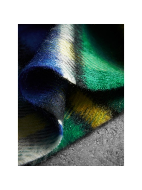 Long Check Wool Mohair Blend Scarf in Cobalt Blue Burberry United States