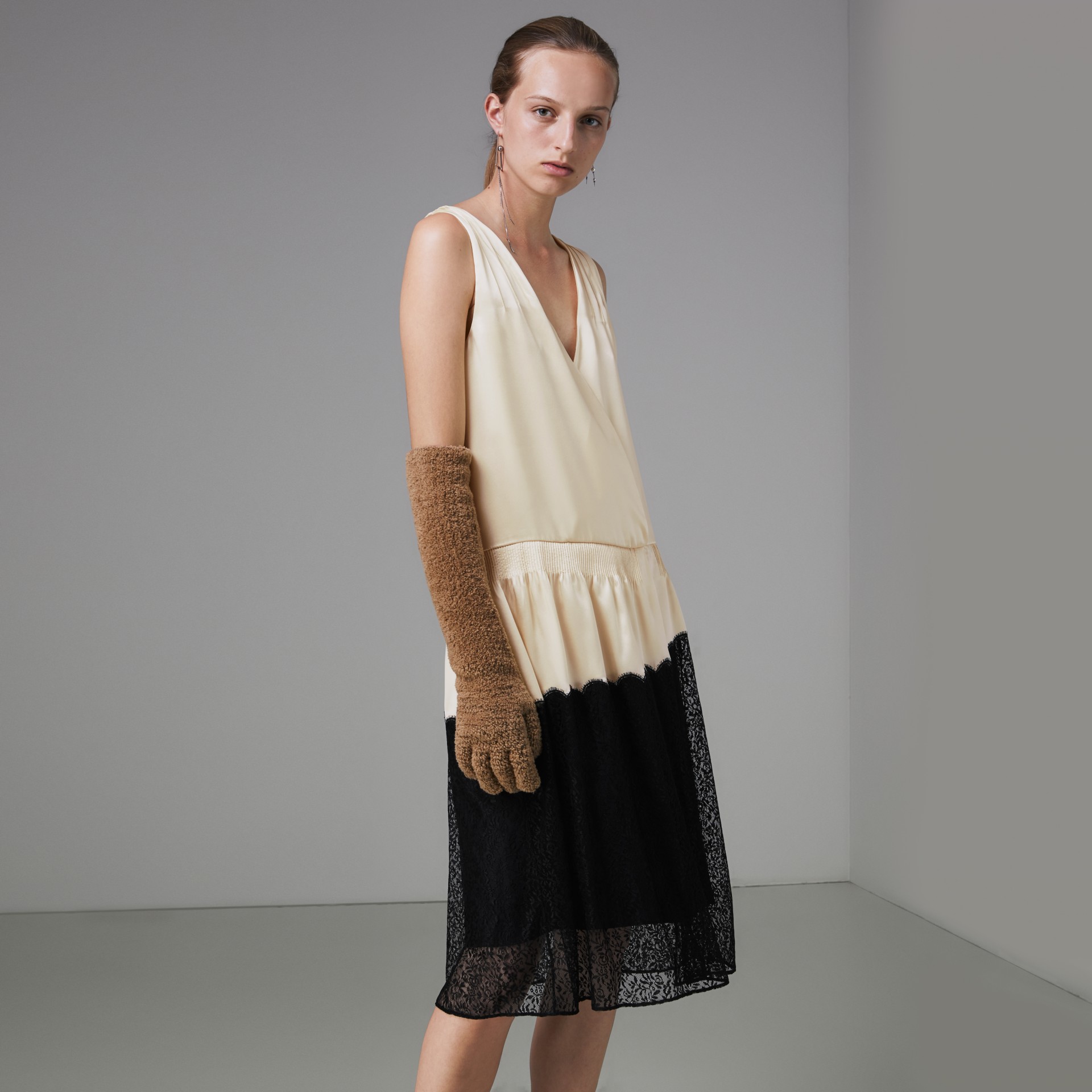 Silk Satin and Lace Sleeveless Dress in Cream Women Burberry United