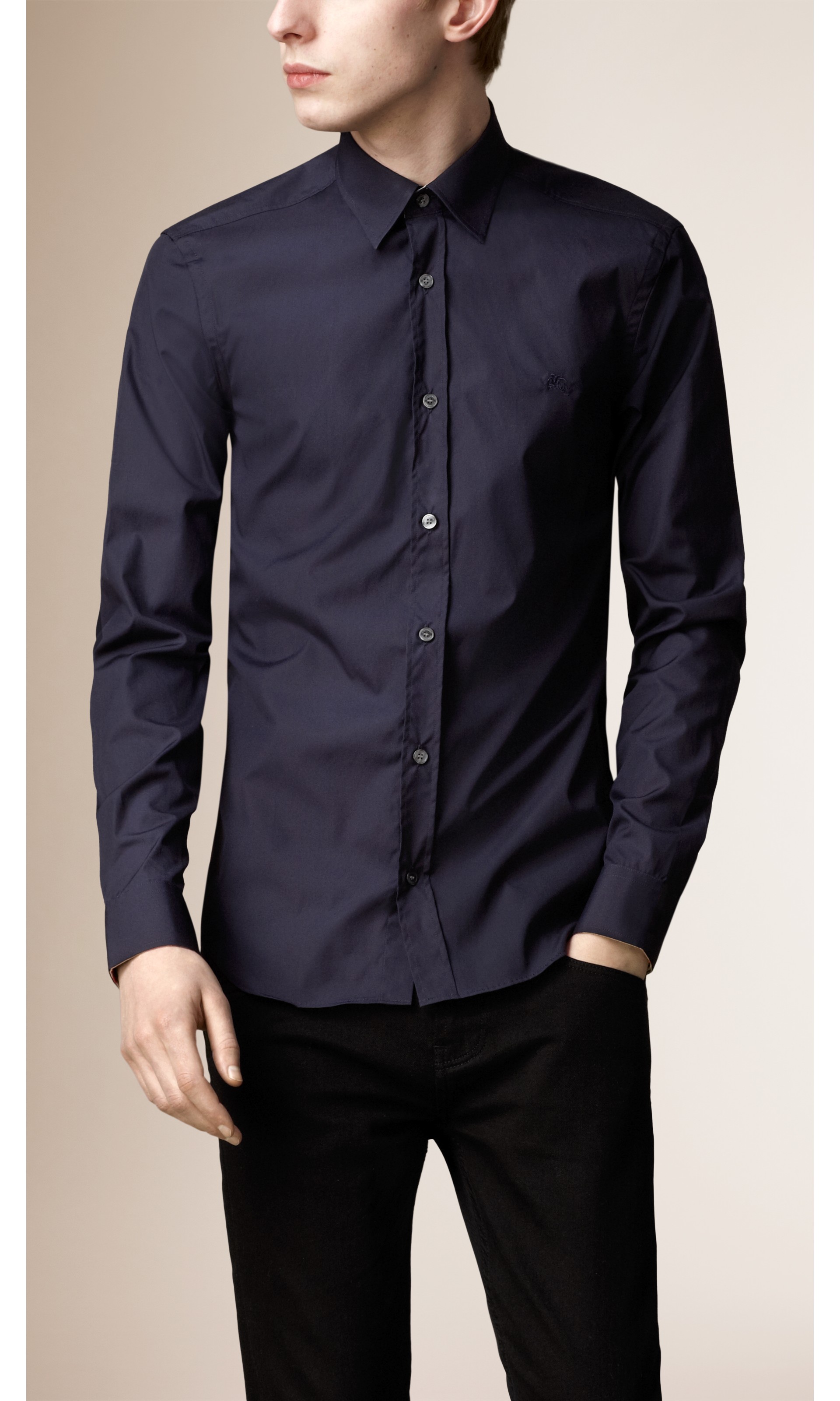 Check Detail Stretch-Cotton Shirt in Navy - Men | Burberry United States