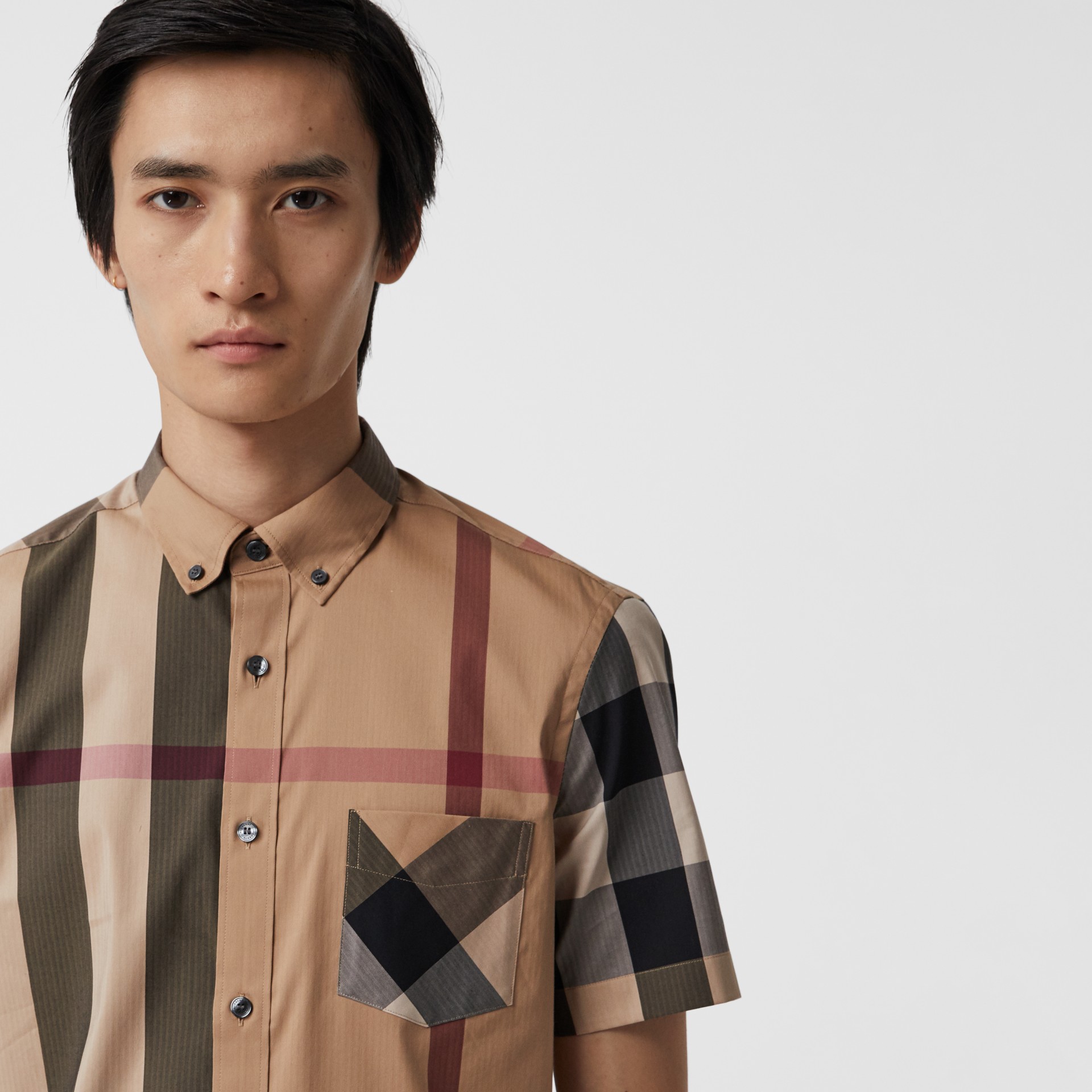 Short-sleeve Check Stretch Cotton Blend Shirt in Camel - Men | Burberry ...