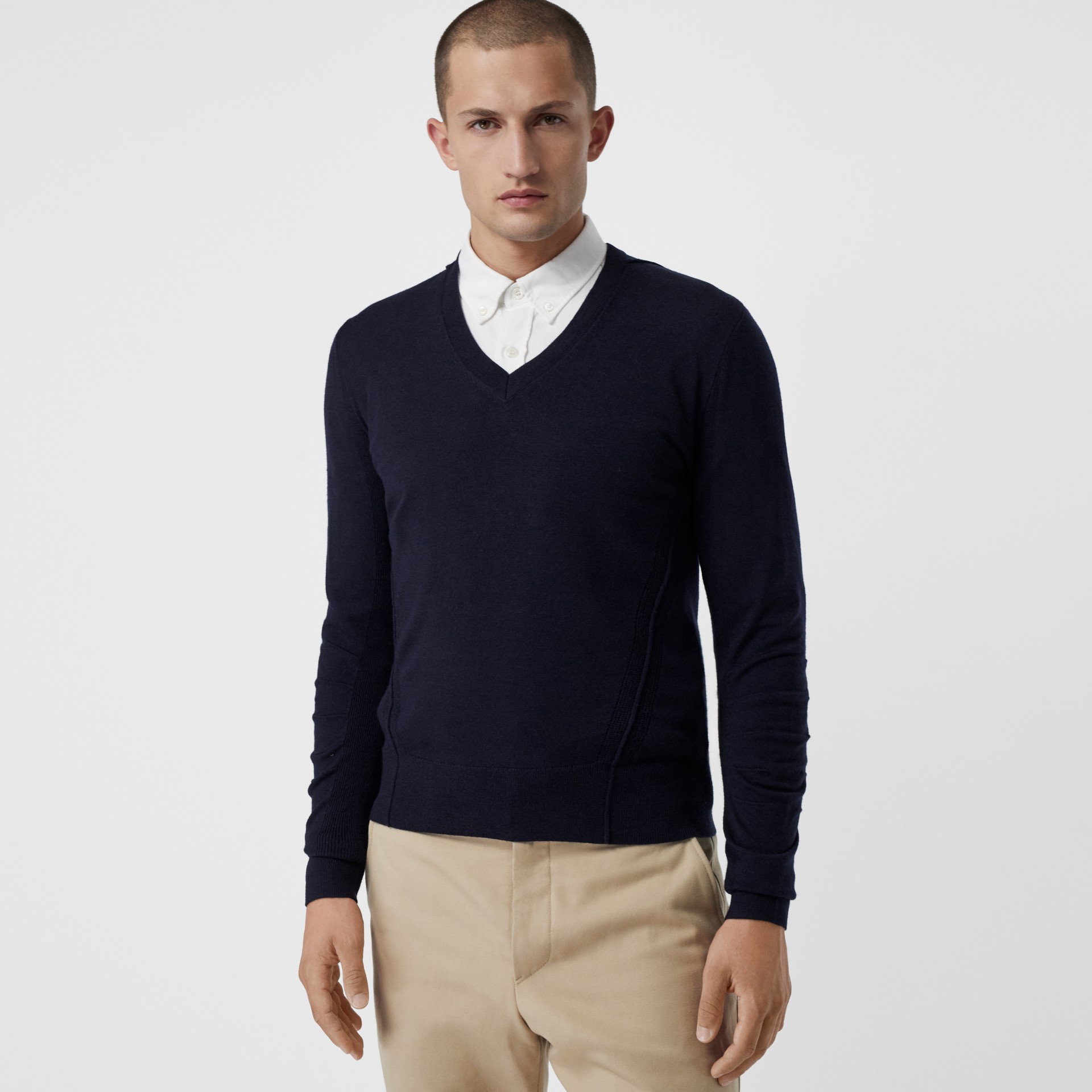 Check Detail Merino Wool V-neck Sweater in Navy - Men | Burberry United ...