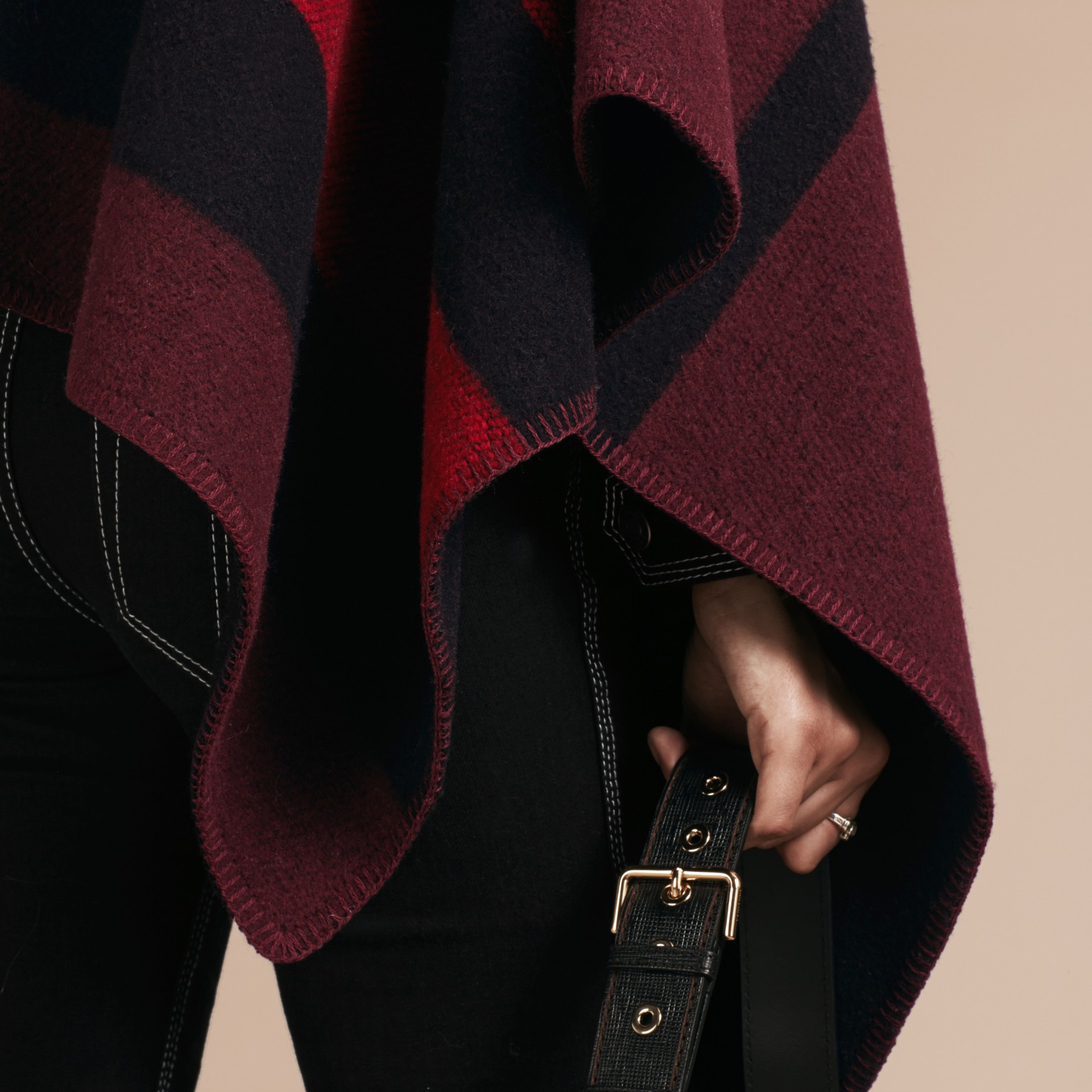 Check Wool and Cashmere Blanket Poncho Oxblood Burberry