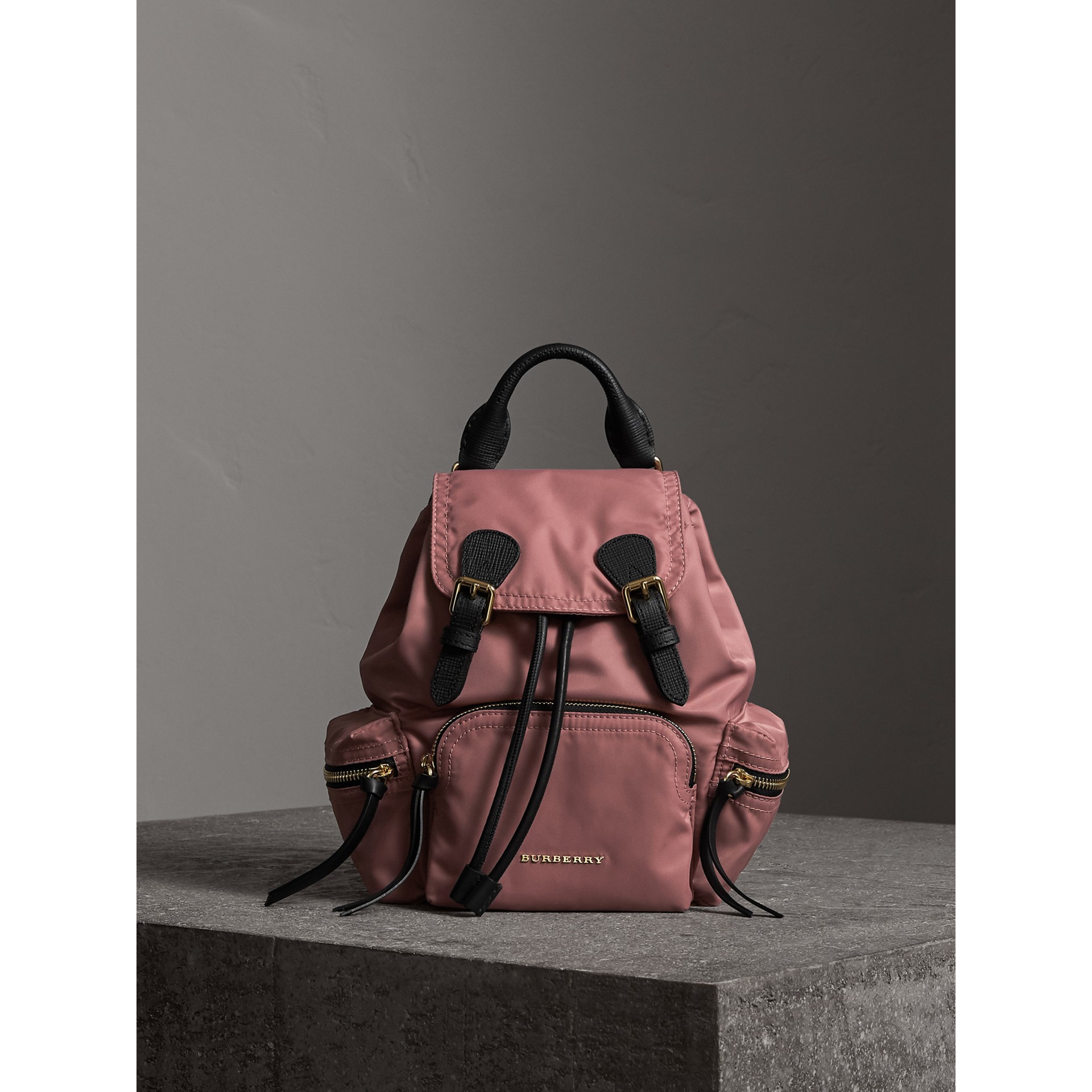 The Small Rucksack in Technical Nylon and Leather in Mauve Pink Women