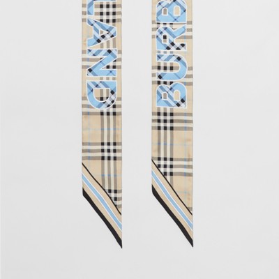 vintage check and logo print silk skinny scarf